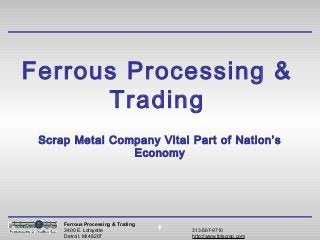 Ferrous Processing &
Trading
Scrap Metal Company Vital Part of Nation’s
Economy

Ferrous Processing & Trading
3400 E. Lafayette
Detroit, MI 48207

1

313-567-9710
http://www.fptscrap.com

 
