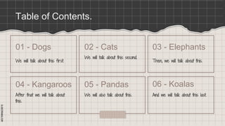 SLIDESMANIA.COM
SLIDESMANIA.COM
Table of Contents.
We will talk about this first.
We will talk about this second.
After that we will talk about
this.
We will also talk about this.
01 - Dogs 02 - Cats
04 - Kangaroos 05 - Pandas
Then, we will talk about this.
And we will talk about this last.
03 - Elephants
06 - Koalas
 