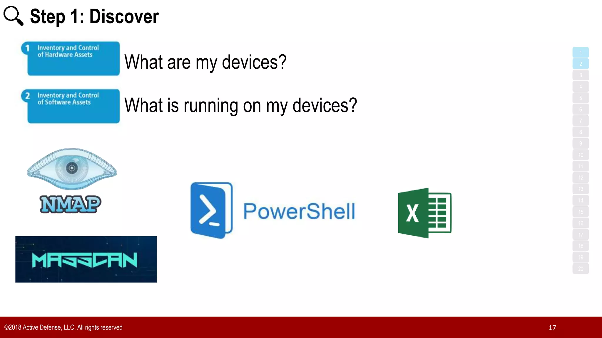Step 1: Discover
©2018 Active Defense, LLC. All rights reserved 17
What are my devices?
What is running on my devices?
1
3
5
7
2
4
6
8
9
10
11
12
13
14
15
16
17
18
19
20
 