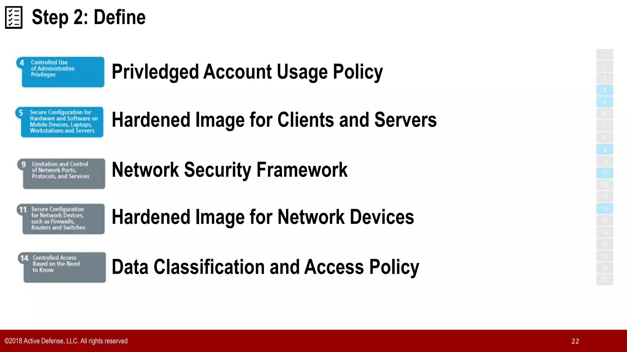 Step 2: Define
©2018 Active Defense, LLC. All rights reserved 22
Privledged Account Usage Policy
1
3
5
7
2
4
6
8
9
10
11
12
13
14
15
16
17
18
19
20
Hardened Image for Clients and Servers
Network Security Framework
Data Classification and Access Policy
Hardened Image for Network Devices
 