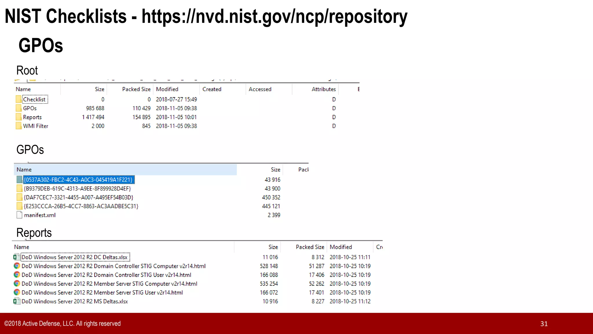 ©2018 Active Defense, LLC. All rights reserved 31
NIST Checklists - https://nvd.nist.gov/ncp/repository
GPOs
Root
Reports
GPOs
 