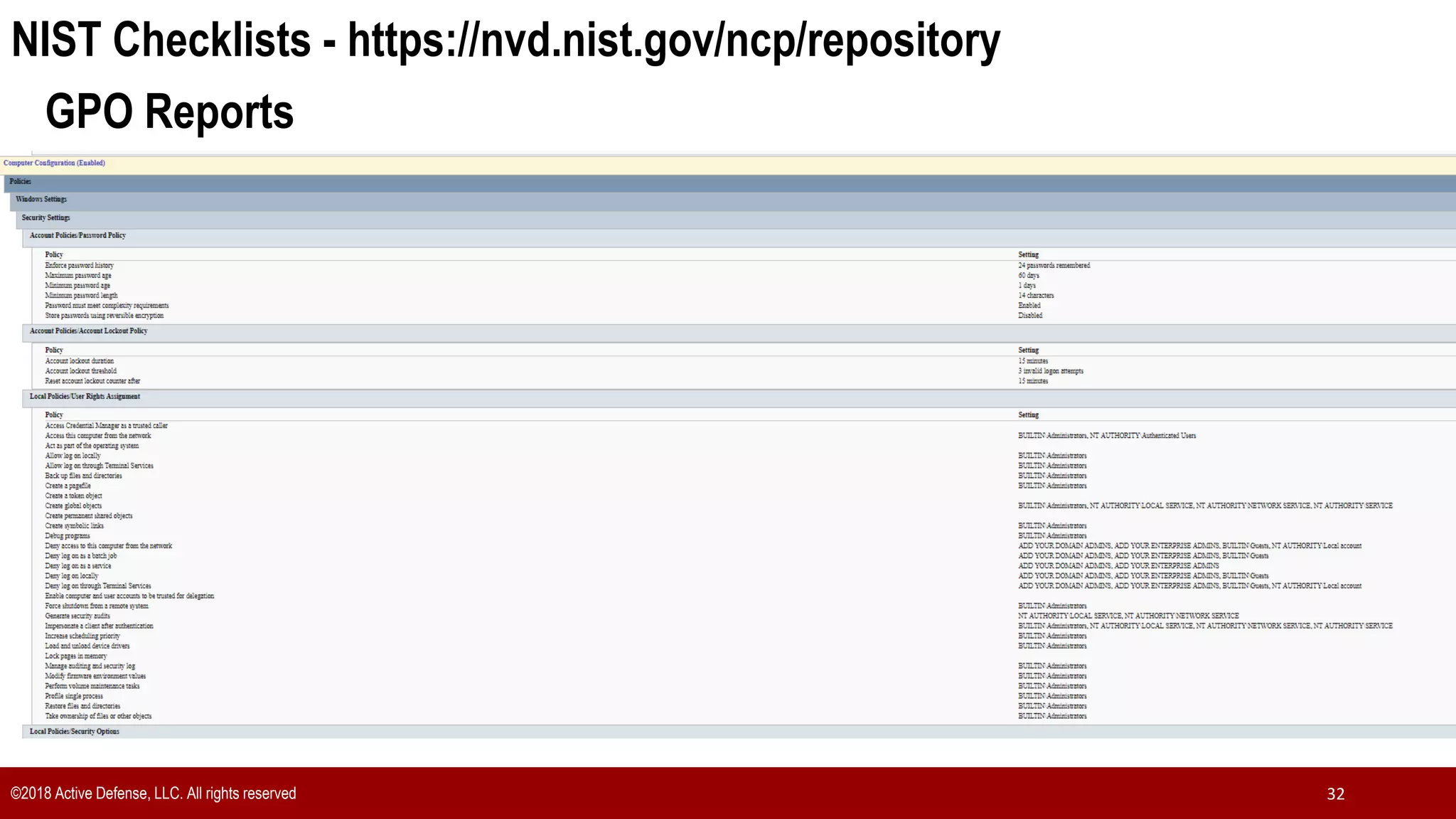 ©2018 Active Defense, LLC. All rights reserved 32
NIST Checklists - https://nvd.nist.gov/ncp/repository
GPO Reports
 