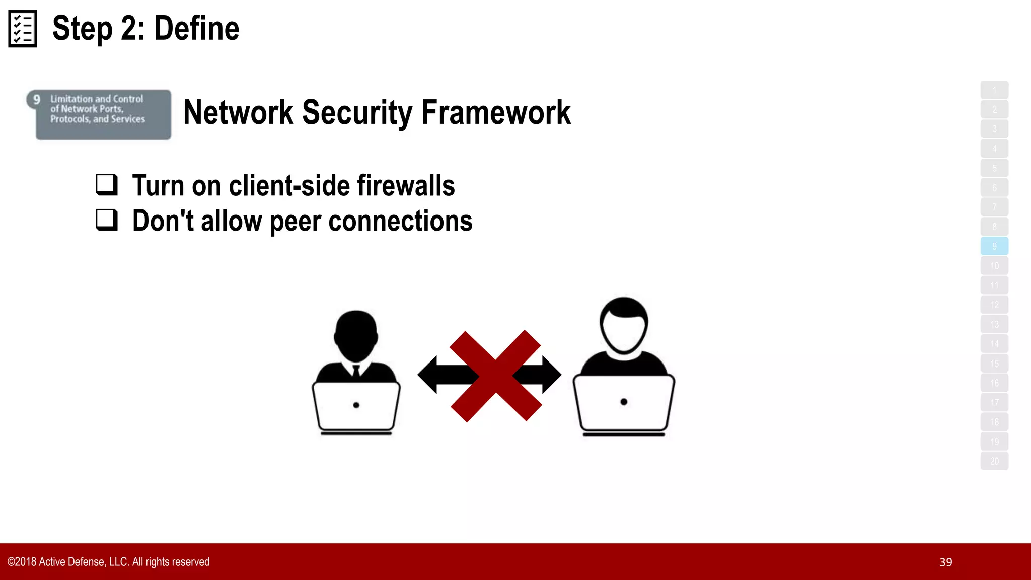 ©2018 Active Defense, LLC. All rights reserved 39
1
3
5
7
2
4
6
8
9
10
11
12
13
14
15
16
17
18
19
20
Network Security Framework
Step 2: Define
 Turn on client-side firewalls
 Don't allow peer connections
 
