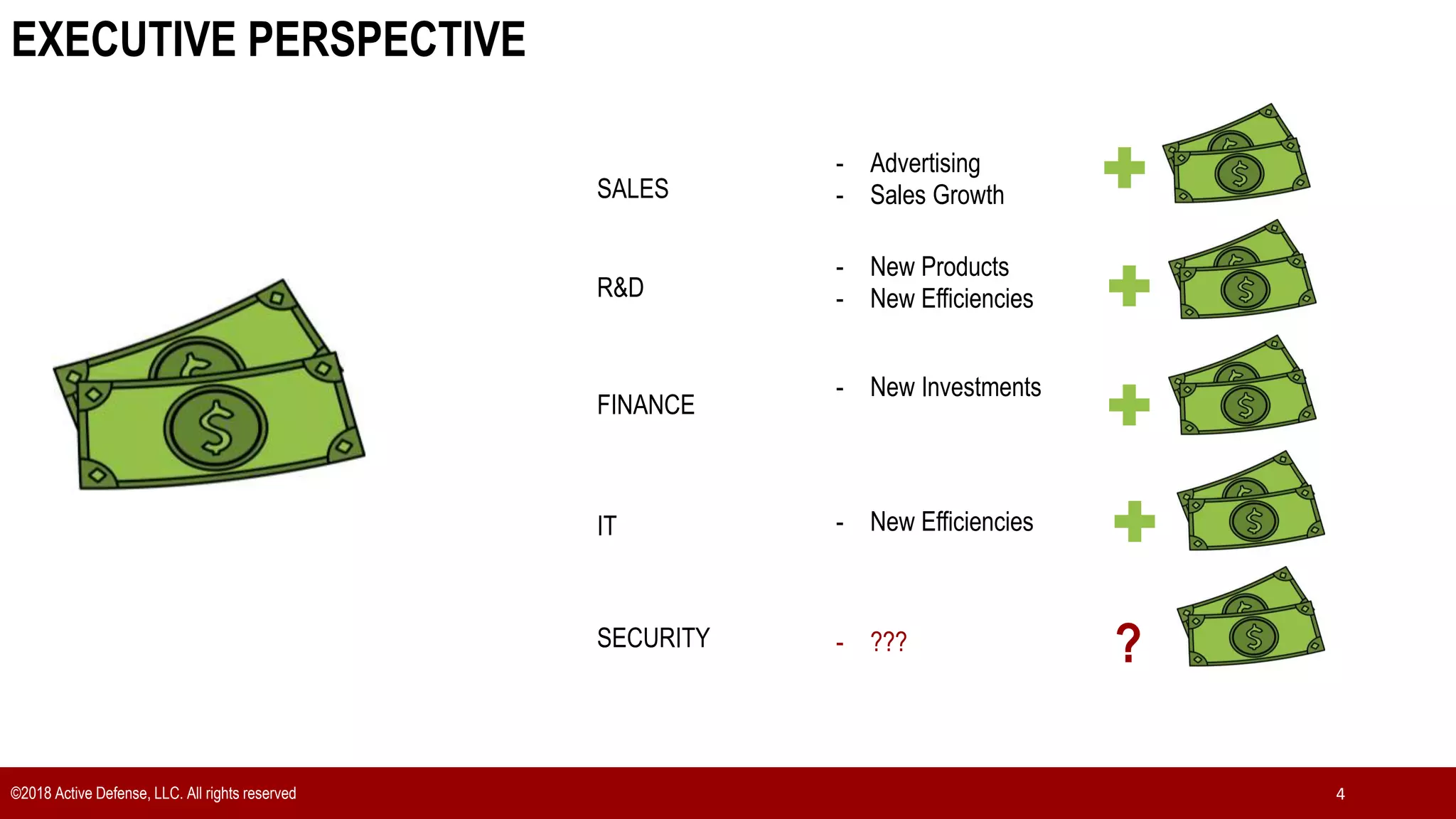 EXECUTIVE PERSPECTIVE
©2018 Active Defense, LLC. All rights reserved 4
SALES
R&D
FINANCE
IT
SECURITY
- Advertising
- Sales Growth
?
- New Products
- New Efficiencies
- New Investments
- New Efficiencies
- ???
 