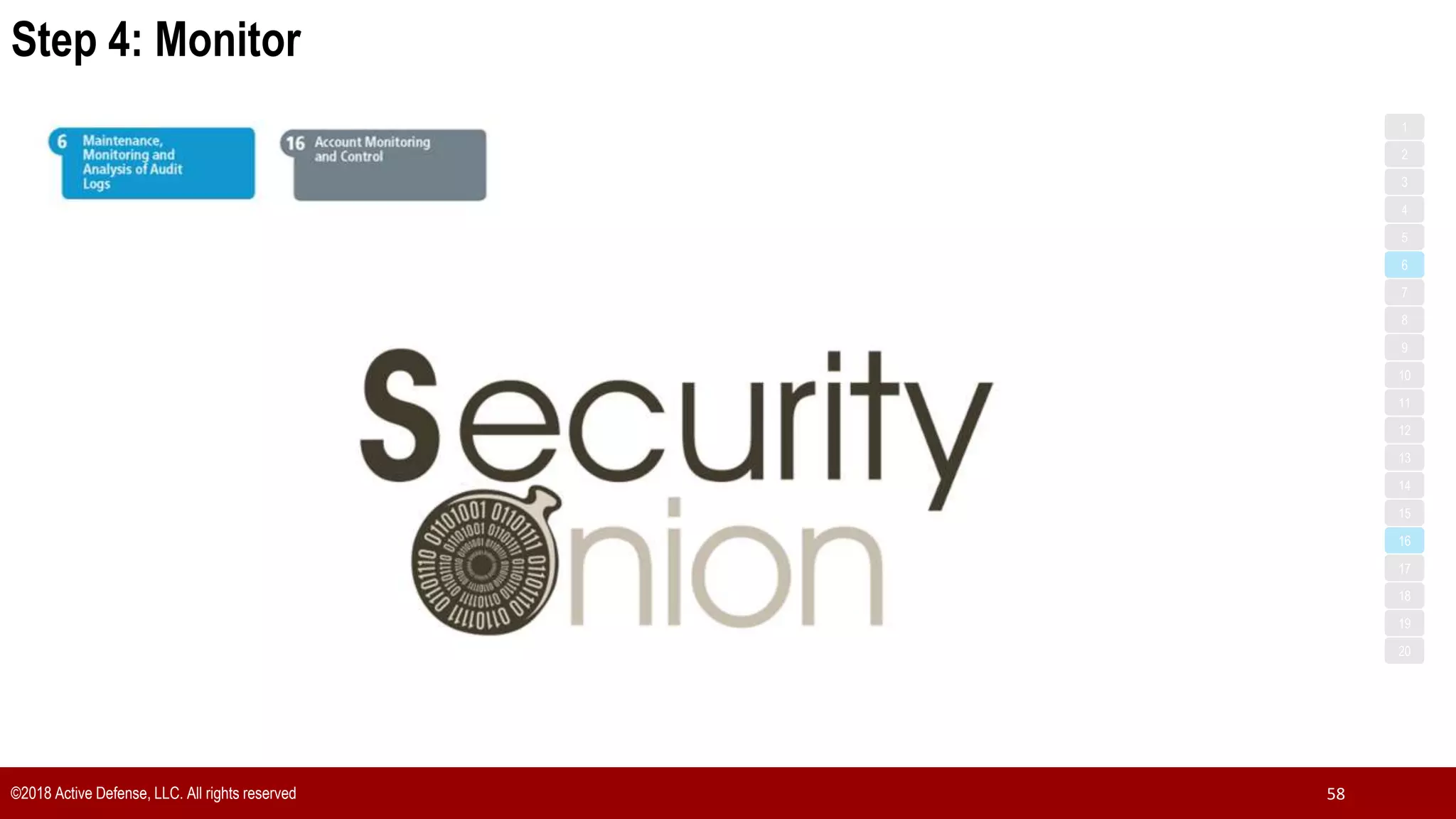 Step 4: Monitor
©2018 Active Defense, LLC. All rights reserved 58
1
3
5
7
2
4
6
8
9
10
11
12
13
14
15
16
17
18
19
20
 