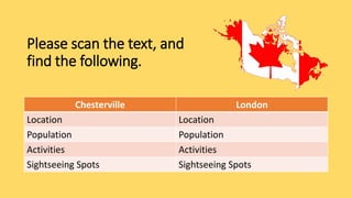 Please scan the text, and
find the following.
Chesterville London
Location Location
Population Population
Activities Activities
Sightseeing Spots Sightseeing Spots
 