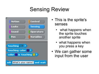 Sensing Review This is the sprite's senses what happens when the sprite touches another sprite what happens when you press a key We can gather some input from the user 