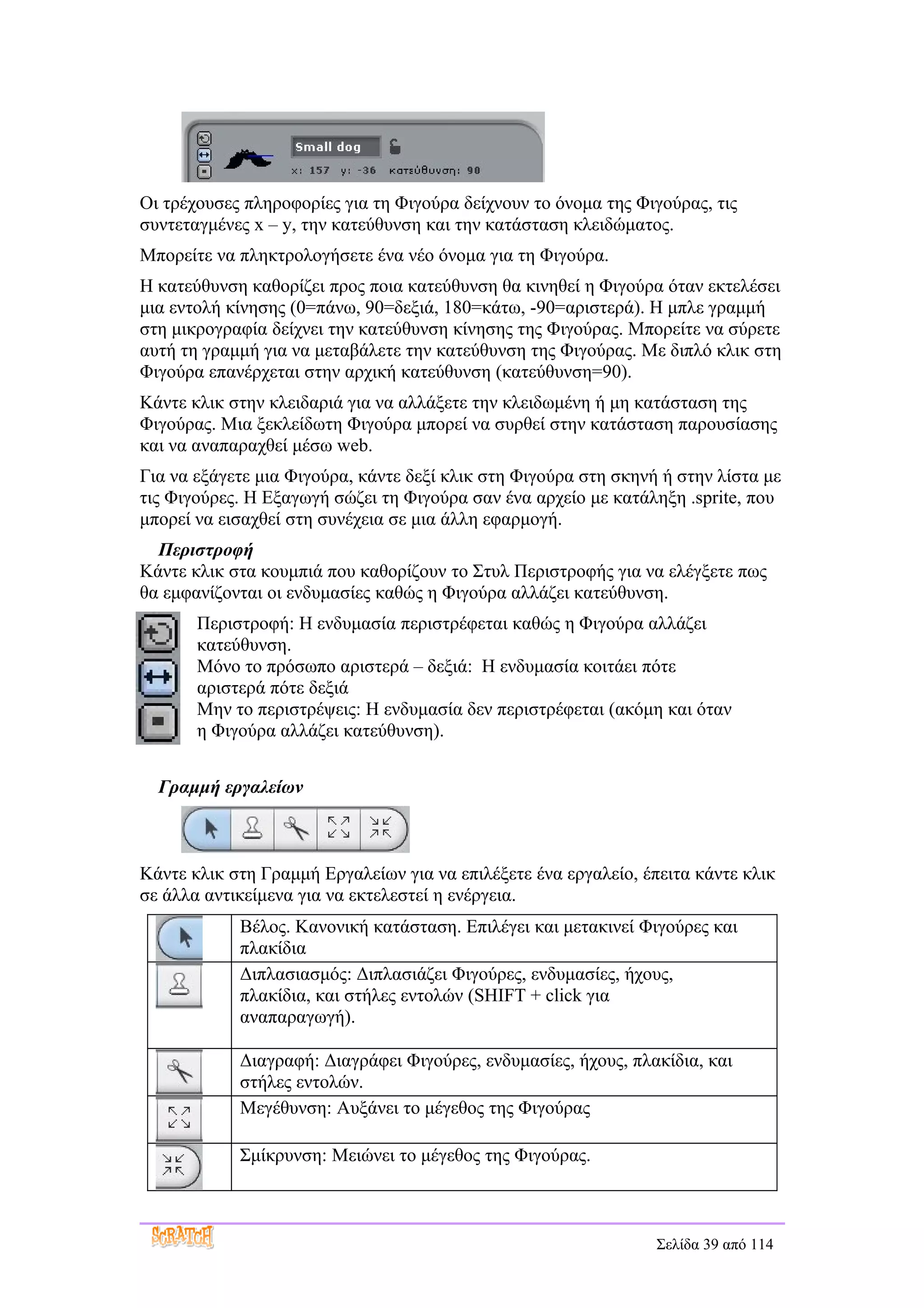 Οι τρέχουσες πληροφορίες για τη Φιγούρα δείχνουν το όνομα της Φιγούρας, τις
συντεταγμένες x – y, την κατεύθυνση και την κατάσταση κλειδώματος.
Μπορείτε να πληκτρολογήσετε ένα νέο όνομα για τη Φιγούρα.
Η κατεύθυνση καθορίζει προς ποια κατεύθυνση θα κινηθεί η Φιγούρα όταν εκτελέσει
μια εντολή κίνησης (0=πάνω, 90=δεξιά, 180=κάτω, -90=αριστερά). Η μπλε γραμμή
στη μικρογραφία δείχνει την κατεύθυνση κίνησης της Φιγούρας. Μπορείτε να σύρετε
αυτή τη γραμμή για να μεταβάλετε την κατεύθυνση της Φιγούρας. Με διπλό κλικ στη
Φιγούρα επανέρχεται στην αρχική κατεύθυνση (κατεύθυνση=90).
Κάντε κλικ στην κλειδαριά για να αλλάξετε την κλειδωμένη ή μη κατάσταση της
Φιγούρας. Μια ξεκλείδωτη Φιγούρα μπορεί να συρθεί στην κατάσταση παρουσίασης
και να αναπαραχθεί μέσω web.
Για να εξάγετε μια Φιγούρα, κάντε δεξί κλικ στη Φιγούρα στη σκηνή ή στην λίστα με
τις Φιγούρες. Η Εξαγωγή σώζει τη Φιγούρα σαν ένα αρχείο με κατάληξη .sprite, που
μπορεί να εισαχθεί στη συνέχεια σε μια άλλη εφαρμογή.
  Περιστροφή
Κάντε κλικ στα κουμπιά που καθορίζουν το Στυλ Περιστροφής για να ελέγξετε πως
θα εμφανίζονται οι ενδυμασίες καθώς η Φιγούρα αλλάζει κατεύθυνση.
       Περιστροφή: Η ενδυμασία περιστρέφεται καθώς η Φιγούρα αλλάζει
       κατεύθυνση.
       Μόνο το πρόσωπο αριστερά – δεξιά: Η ενδυμασία κοιτάει πότε
       αριστερά πότε δεξιά
       Μην το περιστρέψεις: Η ενδυμασία δεν περιστρέφεται (ακόμη και όταν
       η Φιγούρα αλλάζει κατεύθυνση).


  Γραμμή εργαλείων



Κάντε κλικ στη Γραμμή Εργαλείων για να επιλέξετε ένα εργαλείο, έπειτα κάντε κλικ
σε άλλα αντικείμενα για να εκτελεστεί η ενέργεια.
            Βέλος. Κανονική κατάσταση. Επιλέγει και μετακινεί Φιγούρες και
            πλακίδια
            Διπλασιασμός: Διπλασιάζει Φιγούρες, ενδυμασίες, ήχους,
            πλακίδια, και στήλες εντολών (SHIFT + click για
            αναπαραγωγή).

            Διαγραφή: Διαγράφει Φιγούρες, ενδυμασίες, ήχους, πλακίδια, και
            στήλες εντολών.
            Μεγέθυνση: Αυξάνει το μέγεθος της Φιγούρας

            Σμίκρυνση: Μειώνει το μέγεθος της Φιγούρας.



                                                                 Σελίδα 39 από 114
 
