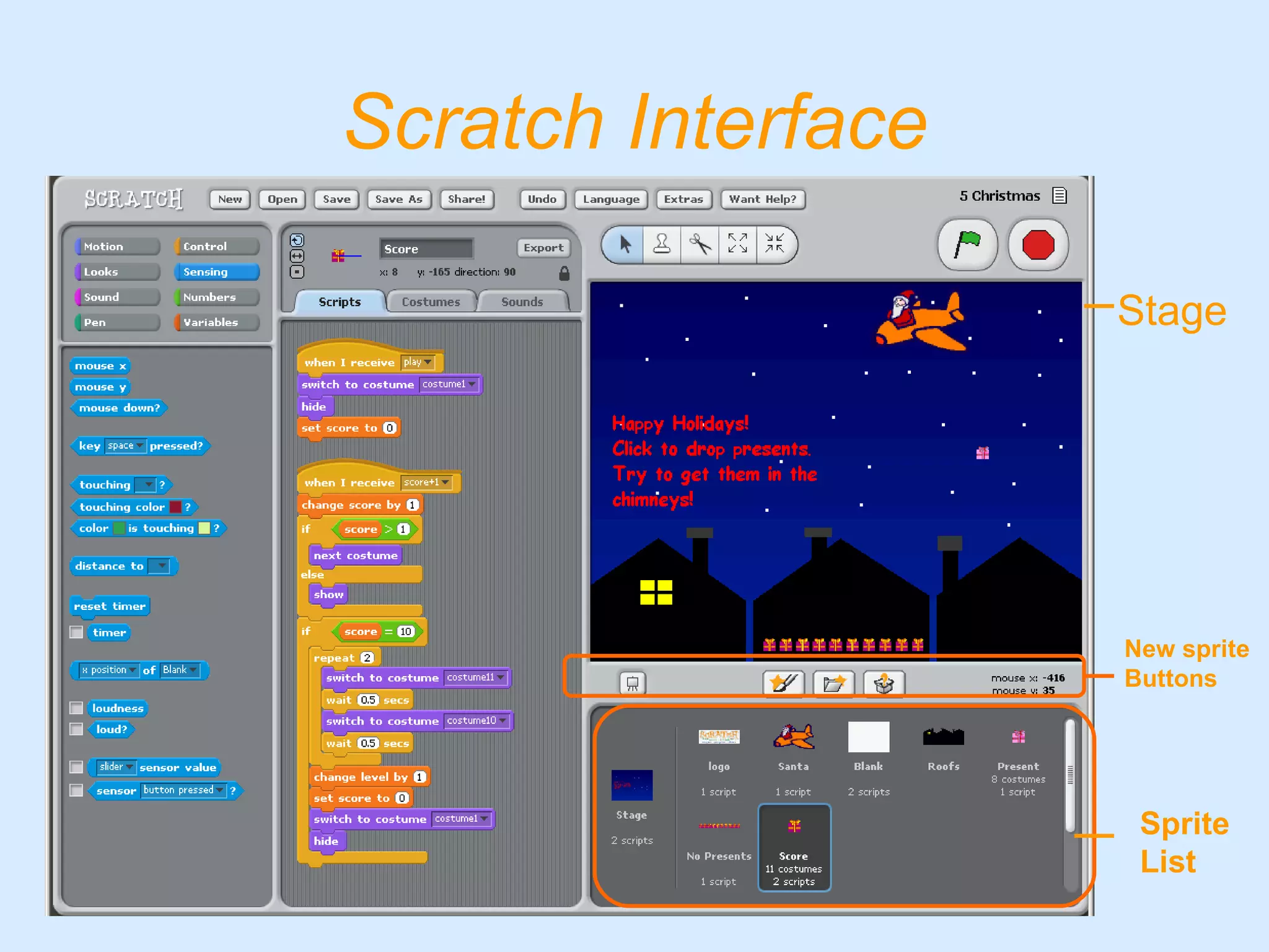 Scratch Interface Stage Sprite  List New sprite  Buttons 