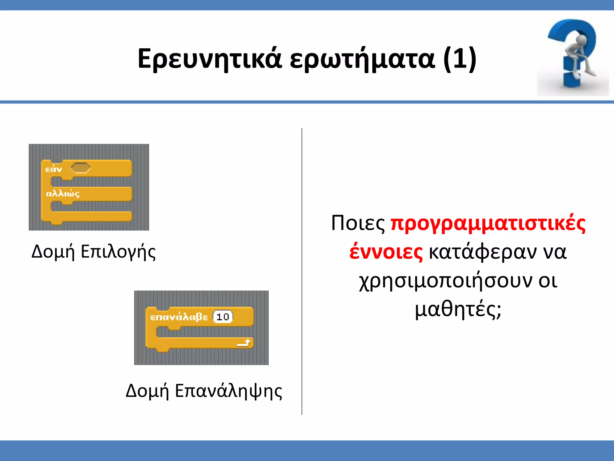 Ερευνητικά ερωτήματα (1)




                           Ποιεσ προγραμματιςτικζσ
Δομή Επιλογήσ               ζννοιεσ κατάφεραν να
                             χρηςιμοποιήςουν οι
                                   μαθητζσ;


         Δομή Επανάληψησ
 