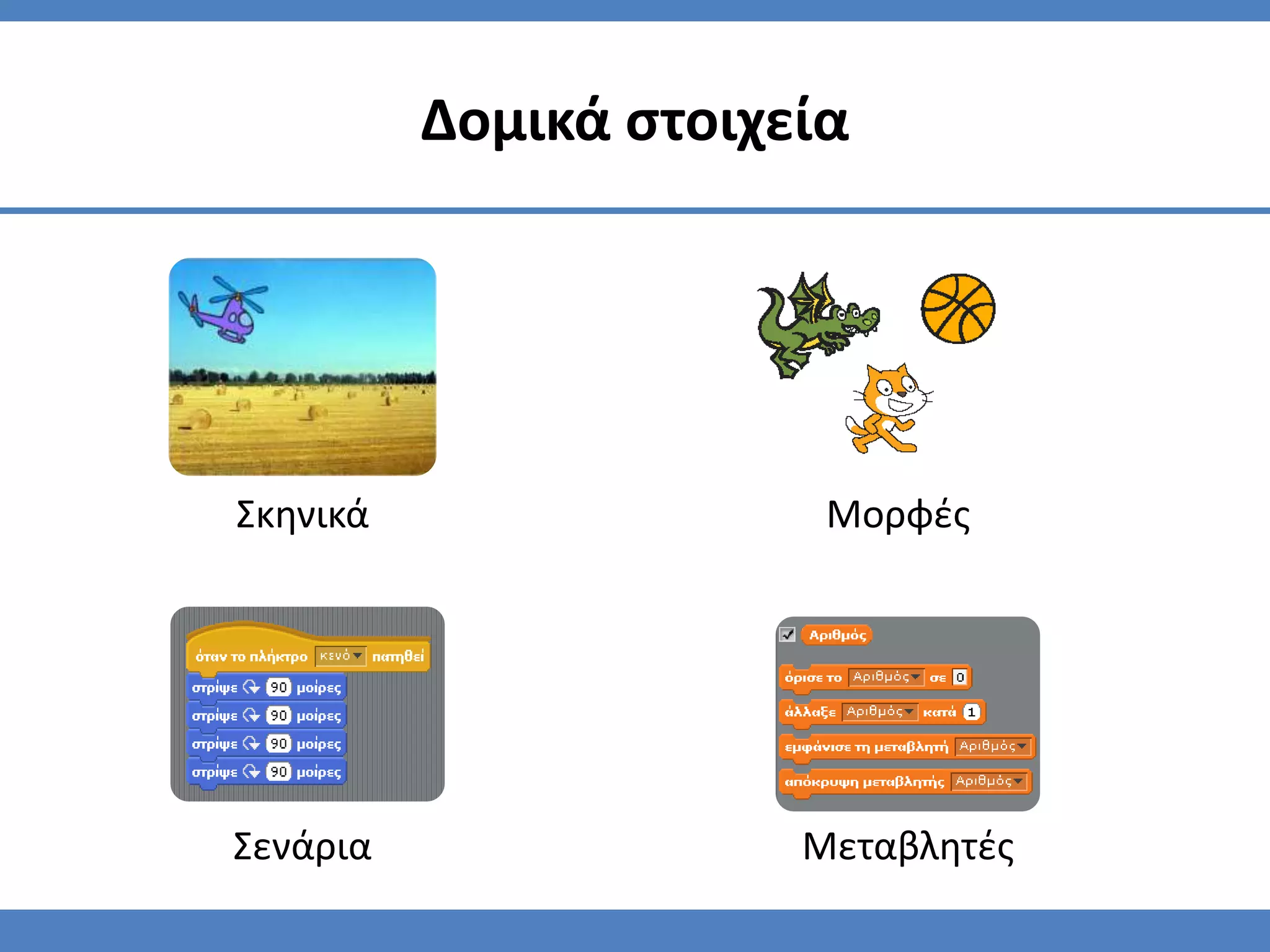 Δομικά ςτοιχεία




Σκηνικά                 Μορφζσ




Σενάρια                Μεταβλητζσ
 