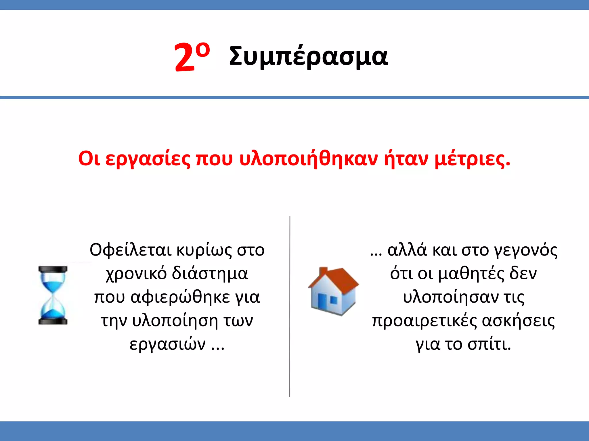 Συμπζραςμα


Οι εργαςίεσ που υλοποιήθηκαν ήταν μζτριεσ.


 Οφείλεται κυρίωσ ςτο       … αλλά και ςτο γεγονόσ
   χρονικό διάςτημα           ότι οι μαθητζσ δεν
 που αφιερϊθηκε για            υλοποίηςαν τισ
  την υλοποίηςη των         προαιρετικζσ αςκήςεισ
      εργαςιϊν ...                για το ςπίτι.
 