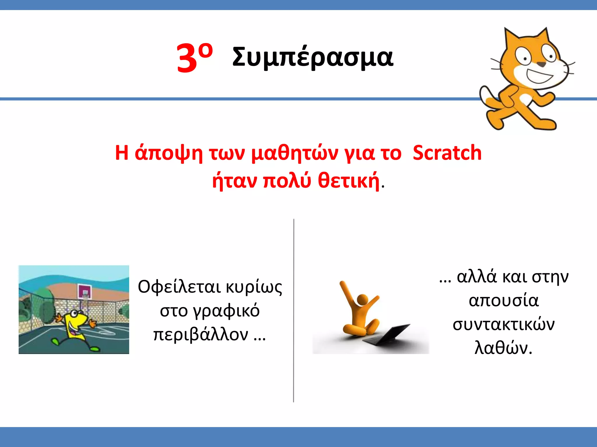 Συμπζραςμα


Η άποψη των μαθητϊν για το Scratch
        ήταν πολφ θετική.



                             … αλλά και ςτην
  Οφείλεται κυρίωσ
                                απουςία
    ςτο γραφικό
                              ςυντακτικϊν
   περιβάλλον …
                                 λαθϊν.
 