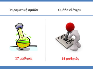 Πειραματική ομάδα   Ομάδα ελζγχου




   17 μαθητζσ        16 μαθητζσ
 