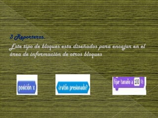 3 Reporteros.
Este tipo de bloques esta diseñados para encajar en el
área de información de otros bloques
 