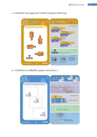 27คู่มือโปรแกรม scratch
๓. กำรบังคับทิศทำงของ sprites โดยกำหนดทิศทำงของลูกศร เป็นตัวควบคุม
๔. กำรบังคับทิศทำงกำรเคลื่อนที่ของ sprites ตำมตำแหน่งต่ำง ๆ
 