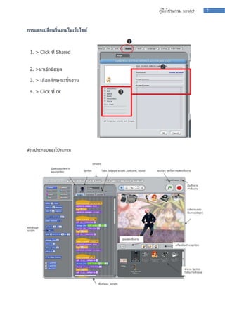 7คู่มือโปรแกรม scratch
การแลกเปลี่ยนชิ้นงานในเว็บไซต์
ส่วนประกอบของโปรแกรม
 