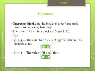 Scratch
Operators!
🞇 Operators blocks are the blocks that perform math
functions and string handling.
🞇 There are 17 Operators blocks in Scratch 2.0.
🞇 Ex:-
 () < () — The condition for checking if a value is less
than the other.
 () + () — The value of the addition.
 