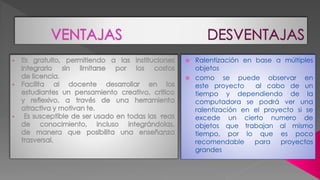  Ralentización en base a múltiples
objetos
como se puede observar en
este proyecto al cabo de un
tiempo y dependiendo de la
computadora se podrá ver una
ralentización en el proyecto si se
excede un cierto numero de
objetos que trabajan al mismo
tiempo, por lo que es poco
recomendable para proyectos
grandes
