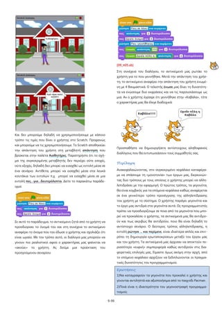 9-99
Και δεν μπορούμε δηλαδή να χρησιμοποιήσουμε με κάποιο
τρόπο τις τιμές που δίνει ο χρήστης στο Scratch; Προφανώς
και μπορούμε να τις χρησιμοποιήσουμε. Το Scratch αποθηκεύει
την απάντηση του χρήστη στη μεταβλητή απάντηση που
βρίσκεται στην παλέτα Αισθητήρες. Παρατηρήστε ότι το σχή-
μα της συγκεκριμένης μεταβλητής δεν περιέχει ούτε εσοχές,
ούτε εξοχές, δηλαδή δεν μπορεί να εισαχθεί ως εντολή μέσα σε
ένα σενάριο. Αντίθετα, μπορεί να εισαχθεί μέσα στα λευκά
κουτάκια των εντολών π.χ. μπορεί να εισαχθεί μέσα σε μια
εντολή πες…για…δευτερόλεπτα. Δείτε το παρακάτω παράδε-
ιγμα:
Σε αυτό το παράδειγμα, το αντικείμενο ζητά από το χρήστη να
προσδιορίσει το όνομά του και στη συνέχεια το αντικείμενο
αναφέρει το όνομα που του έδωσε ο χρήστης και σχολιάζει ότι
είναι ωραίο. Με τον τρόπο αυτό, οι διάλογοί μας μπορούν να
γίνουν πιο ρεαλιστικοί αφού ο χαρακτήρας μας φαίνεται να
«ακούει» το χρήστη. Ας δούμε μια προέκταση του
προηγούμενου σεναρίου:
[09_π05.sb]
Στη συνέχεια του διαλόγου, το αντικείμενό μας ρωτάει το
χρήστη για το που γεννήθηκε. Μετά την απάντηση του χρήσ-
τη, το αντικείμενο αναφέρει την απάντηση του χρήστη ενωμέ-
νη με 4 θαυμαστικά. Ο τελεστής ένωσε μας δίνει τη δυνατότη-
τα να ενώσουμε δυο εκφράσεις και να τις παρουσιάσουμε ως
μια. Αν ο χρήστης έγραψε ότι γεννήθηκε στην «Καβάλα», τότε
ο χαρακτήρας μας θα έλεγε διαδοχικά:
Προσπαθήστε να δημιουργήσετε αντίστοιχους αληθοφανείς
διαλόγους που θα εντυπωσιάσουν τους συμμαθητές σας.
Περίληψη
Ανακεφαλαιώνοντας, στο συγκεκριμένο κεφάλαιο καταφέρα-
με να σπάσουμε τη «μονοτονία» των έργων μας, διερευνών-
τας δυο τρόπους με τους οποίους ο χρήστης μπορεί να αλλη-
λεπιδράσει με την εφαρμογή. Ο πρώτος τρόπος, τα γεγονότα,
θα είναι κομβικός για τα επόμενα κεφάλαια καθώς αναφέρεται
σε ένα γενικότερο τρόπο προσέγγισης της αλληλεπίδρασης
του χρήστη με το σύστημα. Ο χρήστης παράγει γεγονότα και
το έργο μας αντιδρά στα γεγονότα αυτά. Ως προγραμματιστές
πρέπει να προσδιορίζουμε σε ποια από τα γεγονότα που μπο-
ρεί να προκαλέσει ο χρήστης, τα αντικείμενά μας θα αντιδρο-
ύν και πως ακριβώς θα αντιδρούν, ποιο θα είναι δηλαδή το
αντίστοιχο σενάριο. Ο δεύτερος τρόπος αλληλεπίδρασης, η
εντολή ρώτησε ... και περίμενε, είναι ιδιαίτερα απλός και επιτ-
ρέπει τη δημιουργία ερωταποκρίσεων μεταξύ του έργου μας
και του χρήστη. Τα αντικείμενά μας άρχισαν να αποκτούν πε-
ρισσότερο «ευφυή» συμπεριφορά καθώς αντιδρούν στις δια-
φορετικές επιλογές μας. Είμαστε όμως ακόμη στην αρχή, από
το επόμενο κεφάλαιο αρχίζουν να ξεδιπλώνονται οι πραγμα-
τικές δυνατότητες του προγραμματισμού.
Ερωτήσεις
1)Να καταγραφούν τα γεγονότα που προκαλεί ο χρήστης και
γίνονται αντιληπτά και αξιοποιήσιμα από το παιχνίδι Pacman.
2)Ποιά είναι η ιδιαιτερότητα του γεγονοστραφή προγραμμα-
τισμού;
 