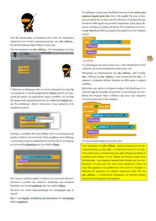 Πώς θα μπορούσαμε να δώσουμε στον ninja την παραπάνω
ικανότητα στο Scratch χρησιμοποιώντας την εάν...αλλιώς...;
Ας κατασκευάσουμε βήμα βήμα το έργο μας:
Πρώτα εισάγουμε την εάν...αλλιώς... στο πρόγραμμα του ninja.
Τι θέλουμε να ελέγχουμε; Εάν το ποντίκι ακουμπά τον ninja. Αν
τον ακουμπά, ο ninja θα εξαφανίζεται αλλιώς (αν δεν τον ακο-
υμπά) θα πρέπει να εμφανίζεται. Άρα η συνθήκη της εντολής
θα σχηματιστεί χρησιμοποιώντας τον αισθητήρα αγγίζει το...
και θα επιλέξουμε «δείκτη ποντικιού» όπως φαίνεται στην
παρακάτω εικόνα.
Συνεπώς, η συνθήκη θα είναι αληθής όταν το αντικείμενό μας
αγγίζει το δείκτη του ποντικιού. Όταν συμβαίνει αυτό, θέλουμε
το αντικείμενό μας να εξαφανίζεται και αυτό θα το επιτύχουμε
με την εντολή απόκρυψη από την παλέτα Όψεις
Εάν τώρα ο ninja δεν αγγίζει το δείκτη του ποντικιού, θα εκτε-
λεστούν οι εντολές της «αλλιώς» Εισάγουμε στις επόμενες
δαγκάνες την εντολή εμφάνισε από την παλέτα Όψεις
Με αυτό τον τρόπο δημιουργήσαμε στο πρόγραμμά μας τη
λογική:
Εάν ο ninja αγγίζει τον δείκτη του ποντικιού τότε απόκρυψη
αλλιώς εμφάνισε
Αν τρέξουμε το έργο μας προσθέτοντας την εντολή όταν στην
πράσινη σημαία γίνει κλικ τότε τι θα συμβεί; Θα γίνει ο έλεγ-
χος μια φορά και το έργο μας θα τελειώσει. Ο έλεγχος θα έχει
εκτελεστεί ΜΙΑ φορά και μετά θα σταματήσει. Εμείς όμως θέ-
λουμε ο έλεγχος να τρέχει για πάντα. Έτσι εισάγουμε την εντο-
λή για πάντα για άλλη μια φορά όπως φαίνεται στην επόμενη
εικόνα
11_π10.sb
Το πρόγραμμά μας είναι έτοιμο και ο ninja εξαφανίζεται όταν
ο δείκτης του ποντικιού βρίσκεται από πάνω του.
Μπορούμε να υλοποιήσουμε την εάν...αλλιώς... από εντολές
εάν...; Μήπως μια εάν...αλλιώς... είναι ουσιαστικά δυο εάν...; Τι
σημαίνει η έκφραση αλλιώς; Σημαίνει αν ΔΕΝ ισχύει η αρχική
συνθήκη.
Μελετήστε και τρέξτε το επόμενο σενάριο. Σας θυμίζουμε ότι ο
τελεστής όχι αντιστρέφει ουσιαστικά το αποτέλεσμα της συν-
θήκης που περιέχει. Άρα η «αλλιώς» έχει γίνει «όχι η αρχική»
που είναι πρακτικά το ίδιο πράγμα.
Ο ninja αντιδρά ακριβώς όπως και πριν.
Γιατί να έχουμε την εάν...αλλιώς... αφού μπορούμε να την αν-
τικαταστήσουμε με δύο εάν...; Η απάντηση είναι ότι στη δεύ-
τερη περίπτωση, ο υπολογιστής μας αφού ελέγχει μία φορά τη
συνθήκη μετά πρέπει να την ελέγχει και δεύτερη φορά στην
δεύτερη εάν... που σημαίνει περισσότερη δουλειά για τον επε-
ξεργαστή. Το έργο μας δεν είναι τόσο αποδοτικό. Όταν τα
έργα σας αρχίζουν να μεγαλώνουν τότε αυτά τα στοιχεία α-
πόδοσης θα αρχίσουν να παίζουν σημαντικό ρόλο. Με την
εάν...αλλιώς... ο υπολογιστής αποφεύγει τον δεύτερο έλεγχο
γλιτώνοντας έτσι χρόνο και ενέργεια
 