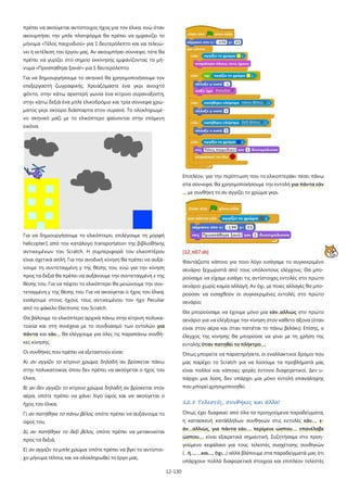 12-130
πρέπει να ακούγεται αντίστοιχος ήχος για τον έλικα, ενώ όταν
ακουμπήσει την μπλε πλατφόρμα θα πρέπει να εμφανίζει το
μήνυμα «Τέλος παιχνιδιού» για 1 δευτερόλεπτο και να τελειώ-
νει η εκτέλεση του έργου μας. Αν ακουμπήσει σύννεφο, τότε θα
πρέπει να γυρίζει στο σημείο εκκίνησης εμφανίζοντας το μή-
νυμα «Προσπάθησε ξανά!» για 1 δευτερόλεπτο.
Για να δημιουργήσουμε το σκηνικό θα χρησιμοποιήσουμε τον
επεξεργαστή ζωγραφικής. Χρειαζόμαστε ένα γκρι ανοιχτό
φόντο, στην κάτω αριστερή γωνία ένα κίτρινο ουρανοξύστη,
στην κάτω δεξιά ένα μπλε ελικοδρόμιο και τρία σύννεφα χρώ-
ματος γκρι σκούρο διάσπαρτα στον ουρανό. Το ολοκληρωμέ-
νο σκηνικό μαζί με το ελικόπτερο φαίνονται στην επόμενη
εικόνα.
Για να δημιουργήσουμε το ελικόπτερο, επιλέγουμε τη μορφή
helicopter1 από τον κατάλογο transportation της βιβλιοθήκης
αντικειμένων του Scratch. Η συμπεριφορά του ελικοπτέρου
είναι σχετικά απλή. Για την ανοδική κίνηση θα πρέπει να αυξά-
νουμε τη συντεταγμένη y της θέσης του, ενώ για την κίνηση
προς τα δεξιά θα πρέπει να αυξάνουμε την συντεταγμένη x της
θέσης του. Για να πέφτει το ελικόπτερο θα μειώνουμε την συν-
τεταγμένη y της θέσης του. Για να ακούγεται ο ήχος του έλικα,
εισάγουμε στους ήχους τους αντικειμένου τον ήχο Peculiar
από το φάκελο Electronic του Scratch.
Θα βάλουμε το ελικόπτερο αρχικά πάνω στην κίτρινη πολυκα-
τοικία και στη συνέχεια με το συνδυασμό των εντολών για
πάντα και εάν… θα ελέγχουμε για όλες τις παραπάνω συνθή-
κες κίνησης.
Οι συνθήκες που πρέπει να εξεταστούν είναι:
Α) αν αγγίζει το κίτρινο χρώμα, δηλαδή αν βρίσκεται πάνω
στην πολυκατοικία, όπου δεν πρέπει να ακούγεται ο ήχος του
έλικα,
Β) αν δεν αγγίζει το κίτρινο χρώμα, δηλαδή αν βρίσκεται στον
αέρα, οπότε πρέπει να χάνει λίγο ύψος και να ακούγεται ο
ήχος του έλικα,
Γ) αν πατήθηκε το πάνω βέλος, οπότε πρέπει να αυξάνουμε το
ύψος του,
Δ) αν πατήθηκε το δεξί βέλος, οπότε πρέπει να μετακινείται
προς τα δεξιά,
Ε) αν αγγίζει το μπλε χρώμα, οπότε πρέπει να βγει το αντίστοι-
χο μήνυμα τέλους και να ολοκληρωθεί το έργο μας.
Επιπλέον, για την περίπτωση που το ελικοπτεράκι πέσει πάνω
στα σύννεφα, θα χρησιμοποιήσουμε την εντολή για πάντα εάν
… με συνθήκη το αν αγγίζει το χρώμα γκρι.
[12_π07.sb]
Φαντάζεστε κάποιο για ποιο λόγο εισάγαμε το συγκεκριμένο
σενάριο ξεχωριστά από τους υπόλοιπους ελέγχους; Θα μπο-
ρούσαμε να είχαμε εισάγει τις αντίστοιχες εντολές στο πρώτο
σενάριο χωρίς καμία αλλαγή; Αν όχι, με ποιες αλλαγές θα μπο-
ρούσαν να εισαχθούν οι συγκεκριμένες εντολές στο πρώτο
σενάριο;
Θα μπορούσαμε να έχουμε μόνο μια εάν..αλλιώς στο πρώτο
σενάριο για να ελέγξουμε την κίνηση στον κάθετο άξονα (όταν
είναι στον αέρα και όταν πατιέται το πάνω βελάκι); Επίσης, ο
έλεγχος της κίνησης θα μπορούσε να γίνει με τη χρήση της
εντολής όταν πατηθεί το πλήκτρο…;
Όπως μπορείτε να παρατηρήσετε, οι εναλλακτικοί δρόμοι που
μας παρέχει το Scratch για να λύσουμε τα προβλήματά μας
είναι πολλοί και κάποιες φορές έντονα διαφορετικοί. Δεν υ-
πάρχει μια λύση, δεν υπάρχει μια μόνο εντολή επανάληψης
που μπορεί χρησιμοποιηθεί.
12.5 Τελεστές, συνθήκες και άλλα!
Όπως έχει διαφανεί από όλα τα προηγούμενα παραδείγματα,
η κατασκευή κατάλληλων συνθηκών στις εντολές εάν…, ε-
άν…αλλιώς, για πάντα εάν…, περίμενε ώσπου…, επανέλαβε
ώσπου…, είναι εξαιρετικά σημαντική. Συζητήσαμε στο προη-
γούμενο κεφάλαιο για τους τελεστές συσχέτισης συνθηκών
(…ή…, …και…, όχι…) αλλά βλέπουμε στα παραδείγματά μας ότι
υπάρχουν πολλά διαφορετικά στοιχεία και επιπλέον τελεστές
 