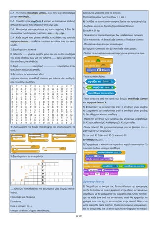 12-134
Σ-Λ : Η εντολή επανέλαβε ώσπου… έχει τον ίδιο αποτέλεσμα
με την επανέλαβε…
Σ-Λ : Ο αισθητήρας αγγίζει το Χ μπορεί να παίρνει ως επιλογή
άλλα αντικείμενα που υπάρχουν στο έργο μας.
Σ-Λ : Μπορούμε να συγκρίνουμε τις συντεταγμένες Χ δύο θέ-
σεων μέσω των λογικών τελεστών …και…, …ή…, όχι…
Σ-Λ : Κάθε φορά που γίνεται αληθής η συνθήκη της εντολής
περίμενε ώσπου… εκτελείται το σώμα εντολών που την ακο-
λουθεί.
2) Συμπληρώστε τα κενά
Ο τελεστής …….. γίνεται αληθής μόνο αν και οι δύο συνθήκες
του είναι αληθείς, ενώ για τον τελεστή …….. αρκεί μία από τις
δύο συνθήκες να αληθεύει.
Η δομή……………………. και η δομή …………………. τερματίζουν όταν
η συνθήκη τους γίνει αληθής.
3) Εντοπίστε τις κρυμμένες λέξεις :
περίμενε ώσπου, επανέλαβε ώσπου, για πάντα εάν, αισθητή-
ρας, τελεστής, συνθήκη.
4) Αναγνωρίστε τις δομές επανάληψης και συμπληρώστε τα
κενά.
5) Συμπληρώστε το σταυρόλεξο.
……εντολών: τοποθετείται στο εσωτερικό μίας δομής επανά-
ληψης.
Επανέλαβε και Περίμενε
Για πάντα…
Είναι ο «αγγίζει το…»
Μπορεί να είναι ελέγχου, επανάληψης
Εισάγονται μπροστά από το σκηνικό.
Υλοποιείται μέσω των τελεστών <, > και =
6) Επιλέξτε τη σωστή απάντηση και βρείτε την κρυμμένη λέξη.
-Αληθεύει, αν και οι δύο συνθήκες του αληθεύουν
Ε) και Η) ή Θ) όχι
-Ποια από τις παρακάτω δομές δεν εκτελεί σώμα εντολών
Γ) Για πάντα-εάν Μ) Επανέλαβε-ώσπου Λ) Περίμενε-ώσπου
-Μπορεί να κάνει άπειρες επαναλήψεις.
Ε) Περίμενε-ώσπου Β) εάν Σ) Επανέλαβε τόσες φορές
-Πρέπει το αντικείμενο να κινείται μέχρι να φτάσει στα όρια.
-Ποια συνθήκη λείπει;
Ρ)
Γ)
Χ)
-Ποιο είναι ένα από τα κοινά των δομών επανέλαβε ώσπου
και περίμενε ώσπου Χ;
Χ) Σταματούν να εκτελούνται όταν η συνθήκη γίνει αληθής
Ν) Σταματούν να εκτελούνται όταν η συνθήκη γίνει ψευδής
Λ) Δεν ελέγχουν κάποια συνθήκη
-Μέσα στη συνθήκη των τελεστών δεν μπορούμε να βάλουμε:
Θ) Άλλους τελεστές Κ) Αισθητήρες Ο) Άλλες εντολές
-Ποιόν τελεστή θα χρησιμοποιήσουμε για να βρούμε την ε-
φαπτομένη των 30 μοιρών
Ω) cos από 30 Σ) tan από 30 Ο) atan από 30
ΚΡΥΜΜΕΝΗ ΛΕΞΗ : _ _ _ _ _ _ _
7) Περιγράψτε τί κάνουν τα παρακάτω κομμάτια σεναρίων. Σε
ποιο από τα δυο υπάρχει πρόβλημα;
Δραστηριότητες
1) Παιχνίδι με το όνομά σας: Το αποτέλεσμα της εφαρμογής
αυτής θα πρέπει να είναι η εμφάνιση στην οθόνη αντικειμένων
ισάριθμων με τα γράμματα του ονόματός σας. Όταν πατήσο-
υμε σε κάθε ένα από τα αντικείμενα, αυτό θα εμφανίζει το
γράμμα που του έχετε αντιστοιχίσει στην σωστή θέση έτσι
ώστε αφού θα έχετε πατήσει όλα τα αντικείμενα να εμφανίζε-
ται το όνομά σας. Για να είναι όμως πιο ενδιαφέρον το παιχνί-
 