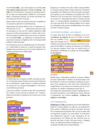 Η εντολή όταν λάβω… έχει το ίδιο σχήμα με τις εντολές, όταν
στην πράσινη σημαία γίνει κλικ, και όταν το πλήκτρο… πα-
τηθεί και αυτό αποκαλύπτει το γεγονός ότι ουσιαστικά αποτε-
λεί την αρχή ενός μικροσεναρίου. Δηλαδή αν το αντικείμενο
λάβει το συγκεκριμένο μήνυμα, τότε εκτελεί ένα σενάριο που
αντιστοιχεί μόνο σε αυτό το μήνυμα.
Λογικά, πρέπει να έχετε μια απορία. Ποιος είναι ο παραλήπτης
του μηνύματος, αφού δεν τον προσδιορίζουμε;
Δημιουργούμε ένα μήνυμα αλλά σε ποιον το στέλνουμε; Η α-
πάντηση είναι ότι στο κάθε μήνυμα στέλνεται σε όλα
τα αντικείμενα και για αυτό δεν υπάρχει παραλήπτης. Κάθε
μήνυμα που στέλνει ένα αντικείμενο, το «ακούν» όλα τα υπό-
λοιπα αντικείμενα. Αντιδρούν όμως μόνο αυτά που περιέχουν
την εντολή όταν λάβω… με παράμετρο το συγκεκριμένο μή-
νυμα. Άρα ένα μήνυμα το λαμβάνουν όλα τα αντικείμενα αλλά
συνήθως το αξιοποιούν λίγα.
Ας επιστρέψουμε όμως στο παράδειγμά μας. Πως θα μπορού-
σε ο κ.Μαεστρίδης να δώσει με τη σειρά ένα μήνυμα στους
διαφορετικούς μουσικούς για να τους ακούσει; Μελετήστε το
παρακάτω σενάριο για τον κ.Μαεστρίδη:
Ο κ.Μαεστρίδης λέει το όργανο που θέλει να ακούσει και στέλ-
νει το αντίστοιχο μήνυμα. Περιμένει για ένα χρονικό διάστημα
για να ολοκληρώσει ο κάθε μουσικός το σενάριο αντίδραση
στο μήνυμα και στη συνέχεια επαναλαμβάνει το ίδιο και με
τους υπόλοιπους μουσικούς.
Τι μας μένει να δούμε; Το σενάριο σε έναν από τους μουσικούς
που «ακούει» για ένα μήνυμα. Ας πάρουμε τον κ. Ντριγκιν-
τράγκα που θα πρέπει να χειρίζεται και το πρώτο από τα τρία
μηνύματα:
Σύμφωνα με το σενάριο αυτό, μόλις σταλεί το μήνυμα κιθάρα,
ο κ. Ντριγκιντράγκας δηλώνει παρών παίζοντας ταυτόχρονα
μία μελωδία στην κιθάρα του και κάνοντας χορευτικές φιγού-
ρες. Ο χρόνος για την ολοκλήρωση του σεναρίου είναι 7 δευ-
τερόλεπτα (2 για το έτοιμος και 5* [0.5+0.5] για τις φιγούρες)
και συνεπώς ο κ. Μαεστρίδης θα στείλει το επόμενο μήνυμα
αφού ο κ. Ντριγκιντράγκας ολοκληρώσει την παρουσίασή
του. Ήταν τόσο απλό. Με την εξαίρεση βέβαια του ότι πρέπει
να υπολογίζουμε πάλι χρόνους για βεβαιωθούμε πότε πρέπει
να σταλεί το επόμενο μήνυμα!
13.2 Εντολή "μετάδωσε… και περίμενε"
Το scratch όμως λύνει και αυτό το πρόβλημα με την εντο-
λή μετάδωσε...και περίμενε Με αυτή την εντολή, το αντικεί-
μενο που μεταδίδει το μή-
νυμα, πριν συνεχίσει με την
εκτέλεση της επόμενης εντολής, περιμένει τα υπόλοιπα αντικε-
ίμενα που θα λάβουν το μήνυμα να τελειώσουν την εκτέλεση
των σχετικών σεναρίων Δείτε πόσο πιο εύκολο γίνεται το
προηγούμενο παράδειγμα με τη χρήση της εντολής μετάδω-
σε...και περίμενε:
[13_π02.sb
Δηλαδή, αφού ο κ.Μεστρίδης μεταδώσει το μήνυμα «κιθάρα»
και αφού ολοκληρωθεί το σενάριο του Ντριγκιντράγκα, τότε
θα εκτελεστεί η εντολή που ακολουθεί τη μετάδοση του μηνύ-
ματος. Είναι προφανές ότι είναι πλέον πολύ ευκολότερο να
συγχρονίσουμε τα αντικείμενα του σκηνικού μας και να υλο-
ποιήσουμε πιο σύνθετα προγράμματα μέσα από το
Στη συνέχεια θα παρουσιάσουμε επιπλέον παραδείγματα επι-
κοινωνίας αντικειμένων που αναδεικνύουν ακόμη καλύτερα
τη χρησιμότητα των εντολών μετάδωσε..., μετάδωσε...και
περίμενε και όταν λάβω...
13.3 Παραδείγματα
Παράδειγμα 1: Η τάξη: Ας αρχίσουμε με ένα απλό παράδειγμα
Σκεφτείτε το χώρο μάθησης, την τάξη σας, και αναλογιστείτε
πόσες φορές οι καθηγητές σας θέτουν ερωτήσεις, δίνοντας
έτσι το έναυσμα για μία συζήτηση Από την πρώτη κιόλας τάξη
του δημοτικού γνωρίζετε πως όταν θέλετε να απαντήσετε
στον διδάσκοντα, σηκώνετε το χέρι προκειμένου να του
γνωστοποιήσετε την επιθυμία σας. Δεν απαντάτε όμως αν
αυτός δε σας δώσει το λόγο. Πώς όμως αυτός ο "άγραφος
νόμος" της τάξης θα μπορούσε να εφαρμοστεί στο
να πραγματοποιηθεί ένας σύντομος διάλογος;
 