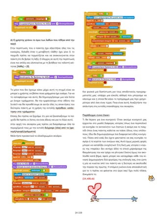 14-159
Δ) Ο χρήστης φτάνει το όριο των λαθών που τέθηκε από την
αρχή
Στην περίπτωση, που ο παίκτης έχει εξαντλήσει όλες του τις
ευκαιρίες, δηλαδή όταν η μεταβλητή «λάθη» έχει γίνει 0, το
παιχνίδι πρέπει να τερματίζεται και να ανακοινώνεται στον
παίκτη ότι δε βρήκε τη λέξη. Ο έλεγχος σε αυτή την περίπτωση
είναι πιο απλός και υλοποιείται με τη βοήθεια του τελεστή ισό-
τητας [λάθη] = [0].
Το μόνο που δεν έχουμε κάνει μέχρι αυτή τη στιγμή είναι να
μπορεί ο χρήστης να βλέπει ποια γράμματα έχει εισάγει. Για να
το καταφέρουμε και αυτό, θα δημιουργήσουμε μια νέα λίστα
με όνομα «γράμματα», θα την εμφανίσουμε στην οθόνη του
Scratch και θα προσθέτουμε σε αυτήν όλες τις απαντήσεις του
δεύτερου παίκτη με τη χρήση της εντολής πρόσθεσε «απάν-
τηση» στα «γράμματα».
Επίσης δεν πρέπει να ξεχνάμε, ότι για να ξαναπαίξουμε το πα-
ιχνίδι θα πρέπει οι λίστες να είναι άδειες και για το λόγο αυτό,
στην αρχή του σεναρίου μας πρέπει να διαγράφουμε όλα τα
περιεχόμενά τους με την εντολή διέγραψε [όλα] από το [φα-
νερή/κρυφή/γράμματα].
Μελετήστε προσεκτικά το ολοκληρωμένο σενάριο.
Και φυσικά μια διαπίστωση για τους αποδοτικούς προγραμ-
ματιστές μας: υπάρχει μια εύκολη αλλαγή που μπορούμε να
κάνουμε και η οποία θα κάνει το πρόγραμμά μας λίγο γρηγο-
ρότερο από όσο είναι τώρα. Ποια είναι αυτή; Αναζητήστε την
απάντηση στις εντολές επανάληψης του σεναρίου.
Παράδειγμα «Love chase»:
Τι θα λέγατε για ένα κυνηγητό; Όταν ακούμε κυνηγητό μας
έρχονται στο μυαλό διάφορες ιστορίες όπως ένα περιπολικό
να κυνηγάει το αυτοκίνητο των ληστών ή ακόμη και το παιχ-
νίδι όπου ένας παίκτης καλείται να πιάσει όλους τους υπόλοι-
πους. Εδώ θα δημιουργήσουμε ένα διαφορετικό είδος κυνηγη-
τού. Πόσοι από εσάς δεν έχετε φανταστεί να σας κυνηγάει το
αγόρι ή το κορίτσι των ονείρων σας; Αυτό όμως μερικές φορές
μπορεί να καταλήξει ενοχλητικό! Στη δική μας ιστορία ο κύρι-
ος της «παρέας» δεν αντέχει άλλο το στενό μαρκάρισμα της
θαυμάστριας του και τρέχει να γλιτώσει! Εκείνη όμως τον ακο-
λουθεί κατά βήμα, αφού μπορεί και καταγράφει κάθε του κί-
νηση! Δημιουργήστε δύο φιγούρες της επιλογής σας, έτσι ώστε
η μία να κινείται από τον παίκτη και η δεύτερη να ακολουθεί
την πορεία της πρώτης. Η επόμενη εικόνα είναι αποκαλυπτική
για το τι πρέπει να φαίνεται στο έργο σας! Έχει πολύ πλάκα,
δοκιμάστε το.
[14_π06.sb]
 