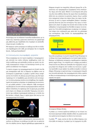 2-14
Αντιστοίχως και τα υπόλοιπα 4 εικονίδια αναδεικνύουν, με τη
σειρά τους, περαιτέρω χορευτικές ικανότητες του χαρακτήρα
μας, βάζοντάς μας παράλληλα στον πειρασμό να ακολουθή-
σουμε και εμείς το ρυθμό του.
Με παρόμοιο τρόπο μπορούμε να τρέξουμε και όλα τα υπόλο-
ιπα παραδείγματα από κάθε μια κατηγόρια. Και το παιχνίδι
ξεκινά… Καλή μας διασκέδαση!!!
2.3 Αντικείμενα, συμπεριφορές, γεγονότα
Όπως αναφέραμε και στο πρώτο κεφάλαιο, ο προγραμματισ-
μός αποτελεί ένα τρόπο επίλυσης προβλημάτων κατά τον
οποίο συνθέτουμε μια ακολουθία εντολών με σκοπό την επί-
τευξη συγκεκριμένων στόχων. Ας ξεκινήσουμε λοιπόν με την
μελέτη των βασικών του στοιχείων.
Το πρώτο στοιχείο του προγραμματισμού στο Scratch που θα
μας απασχολήσει καθ' όλη τη διάρκεια του βιβλίου είναι τα
αντικείμενα ή χαρακτήρες ή μορφές ή sprites (όπως αναφέ-
ρονται στο Scratch). Αν ρίξουμε μια ματιά γύρω μας, θα παρα-
τηρήσουμε ότι το περιβάλλον μας αποτελείται από αντικείμε-
να, τα οποία μπορούμε εύκολα να αντιληφθούμε. Σαν παραδε-
ίγματα αντικειμένων μπορούμε να αναφέρουμε ένα αυτοκίνη-
το, μια μπάλα μπάσκετ ή έναν άνθρωπο. Κάθε αντικείμενο
προσδιορίζεται και από κάποια συμπεριφορά άλλοτε απλή και
άλλοτε πολύπλοκη. Αν αφήσουμε από τα χέρια μας μια μπάλα
αυτή πέφτει στο έδαφος και αναπηδά. Παρομοίως ένα αυτο-
κίνητο έχει ανάλογη συμπεριφορά ανάλογα με το πετάλι που
θα πατήσει ο οδηγός. Όμως τι σχέση έχουν όλα αυτά με τον
προγραμματισμό στο Scratch;
Ας υποθέσουμε ότι είμαστε κατασκευαστές ηλεκτρονικών πα-
ιχνιδιών και θέλουμε να φτιάξουμε ένα ράλι που να φαίνεται
όσο πιο αληθινό γίνεται. Αρχικά σχεδιάζουμε εμφανισιακά τα
διάφορα στοιχεία του παιχνιδιού, άλλωστε έχουμε δει τις δυ-
νατότητες των προγραμμάτων ζωγραφικής στους υπολογισ-
τές. Όμως αυτό δεν αρκεί. Βλέπετε τα αντικείμενα από μόνα
τους δεν είναι καθόλου έξυπνα, δεν έχουν δική τους βούληση,
αλλά ούτε και υπακούνε σε φυσικούς νόμους, όπως η μπάλα
στον πραγματικό κόσμο που πέφτει λόγω του νόμου της βα-
ρύτητας. Σε αυτό το σημείο αναλαμβάνει δράση ο προγραμ-
ματιστής δίνοντας ζωή στα αντικείμενα. Πως όμως το κατα-
φέρνει αυτό; Αρκεί να γράψει ένα σύνολο από εντολές που θα
καθορίζουν τη συμπεριφορά που θα ήθελε να έχουν τα αντικε-
ίμενα του. Έτσι απλά καταφέρνουμε να φέρουμε τον πραγμα-
τικό κόσμο στον υπολογιστή μας, μέσα από την φιλοσοφία
των αντικειμένων. Ώρα λοιπόν να συμπεριφερθούμε σαν
προγραμματιστές.
Ίσως όλοι γνωρίζουμε το γνωστό παιχνίδι Pong. Μπορούμε να
το δούμε στα έτοιμα παραδείγματα του Scratch αφού ακολου-
θήσουμε τη διαδικασία ανοίγματος παραδειγμάτων (φάκελος
games, αρχείο Pong). Στο παιχνίδι αυτό, υπάρχει μια μπάλα η
οποία κινείται στη οθόνη και αναπηδά στα τοιχώματα, ενώ με
μια μπάρα που ελέγχεται από τη θέση του ποντικιού, ο χρήσ-
της προσπαθεί να μην αφήσει την μπάλα να αγγίξει το κόκκινο
έδαφος. Μπορούμε να φανταστούμε το συγκεκριμένο παιχνίδι
σαν ένα απλό φλιπεράκι. Σαν προγραμματιστές πλέον, είμαστε
σε θέση να αναγνωρίσουμε τα αντικείμενα μας και τις συμπε-
ριφορές που έχουν.
Αντικείμενα: Μπάρα, Μπάλα.
Η μπάρα κινείται οριζόντια ανάλογα με την κίνηση του
ποντικιού (αριστερά ή δεξιά). Δηλαδή η θέση της ορίζεται από
την οριζόντια συντεταγμένη του δείκτη του ποντικιού.
Η μπάλα τώρα, κινείται σε όλη την οθόνη διαρκώς, ενώ
όταν έρθει σε επαφή με τη μπάρα ή με τα τοιχώματα της οθό-
 