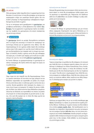 15-169
15.2 Ναρκοπέδιο!
[15_π02.sb]
Όλοι μας έχουμε παίξει παιχνίδια όπου το χαρακτηριστικό που
θα κρίνει το νικητή είναι το ποιος θα καταφέρει να πετύχει ένα
συγκεκριμένο στόχο στο μικρότερο δυνατό χρόνο. Και στο
Scratch μπορούμε να δημιουργήσουμε ενδιαφέροντα παιχνί-
δια έχοντας αντίπαλο το χρόνο.
Για να το πετύχουμε αυτό χρειαζόμαστε το χρονόμετρο, μια
μεταβλητή κατάστασης η οποία βρίσκεται στην παλέτα Αισ-
θητήρες. Για να εμφανιστεί το χρονόμετρο πρέπει να επιλέξο-
υμε την προβολή του χρονομέτρου στη σκηνή τσεκάροντας
την αντίστοιχη επιλογή.
Το χρονόμετρο ξεκινά να μετράει δευτερόλεπτα αυτόματα
από τη στιγμή που εκκινούμε το Scratch! Αν τσεκάρουμε την
αντίστοιχη επιλογή για να εμφανιστεί στην οθόνη, τότε θα
παρατηρήσουμε ότι α) ο χρόνος κυλάει παρότι δεν εκτελούμε
κάποιο έργο (!) β) η αρχική του τιμή δεν είναι 0 αλλά αντιστοι-
χεί στα δευτερόλεπτα που πέρασαν από τη στιγμή που ανοί-
ξαμε το Scratch(!). Επειδή, ο χρόνος αυτός δεν μας ενδιαφέρει
στα έργα μας, το Scratch μας παρέχει μια εντολή για να μηδε-
νίζουμε την τιμή του, την εντολή μηδένισε το χρονόμετρο.
Αν λοιπόν θέλουμε να χρησιμοποιήσουμε το χρονόμετρο σε
κάποιο πρόγραμμα, θα πρέπει απλά στην αρχή του έργου να
το μηδενίσουμε.
Πάμε τώρα στο νέο παιχνίδι που θα δημιουργήσουμε. Έστω
ότι είμαστε καπετάνιοι σε ένα πλοίο που έχει μπλεχτεί σε ένα
θαλάσσιο ναρκοπέδιο και προσπαθεί να φτάσει στη στεριά.
Όποιος καπετάνιος κάνει το καλύτερο χρόνο, αυτός είναι και ο
νικητής. Φυσικά χρειάζεται πολύ προσοχή στις νάρκες οι ο-
ποίες είναι έτοιμες να εκραγούν! Οι νάρκες δε μένουν σταθε-
ρές στη θέση τους αλλά κινούνται λόγω θαλασσίων ρευμάτων
κάνοντας πιο δύσκολη την προσπάθεια του πλοίου να φτάσει
στη στεριά. Αν το πλοίο ακουμπήσει σε μία από αυτές τις νάρ-
κες, τότε αυτή θα εκραγεί και το πλοίο θα πάρει φωτιά και
φυσικά ο παίκτης θα χάσει.
Αντικείμενα και Σκηνικό
Σίγουρα θα χρειαστούμε ένα αντικείμενο πλοίο και ένα αντικε-
ίμενο-νάρκη το οποίο θα αντιγράψουμε πολλές φορές ώστε
να γεμίσουμε το ναρκοπέδιό μας. Ψάχνοντας στο διαδίκτυο
αλλά και στη βιβλιοθήκη του Scratch επιλέξαμε τις εξής ενδυ-
μασίες για τα αντικείμενα:
Τι σκηνικό θα θέλαμε να χρησιμοποιήσουμε για μια τέτοιου
είδους εφαρμογή; Σκεφτόμαστε ένα φόντο θάλασσας με τη
στεριά που να φαίνεται σε κάποια γωνία. Ενδεικτικά λοιπόν το
σκηνικό θα μπορούσε να ήταν αυτό της επόμενης εικόνας.
Αντικείμενα νάρκες
Τώρα ας σκεφτούμε τα εμπόδια που θα υπάρχουν στο σκηνικό
μας. Καλό θα ήταν να υπάρχουν αρκετές νάρκες έτσι ώστε να
κάνουμε τη διαδρομή του πλοίου δυσκολότερη. Έστω, λοιπόν,
ότι εισάγουμε πέντε νάρκες, οι οποίες θα επιπλέουν στη θά-
λασσά μας και θα είναι διασκορπισμένες σε όλη την επιφάνεια
του νερού. Ποια θα είναι η συμπεριφορά τους; Απλά θα κινο-
ύνται ανάμεσα σε σταθερές θέσεις. Καλό θα ήταν κάποιες από
αυτές να κινούνται κάθετα, άλλες οριζόντια και άλλες διαγώ-
νια. Το ολοκληρωμένο σενάριο για μια από τις νάρκες:
Ορίζουμε μια αρχική θέση, και με την εντολή επανάληψης για
πάντα, προκαλούμε τις νάρκες να μετακινούνται ομαλά μετα-
ξύ δυο θέσεων. Ανάλογα με το χρόνο κίνησης που θα επιλέξετε
στις εντολές κινήσου ομαλά…δευτ , θα προσδιορίσετε και τη
δυσκολία του παιχνιδιού. Δημιουργήστε ένα μόνο αντικείμενο
και στη συνέχεια πατήστε δεξί κλικ πάνω του (στη λίστα αντι-
κειμένων) και επιλέξτε διπλασίασε. Εύκολα μπορείτε να δημιο-
υργήσετε άλλα τέσσερα αντικείμενα που έχουν ενσωματωμένο
μέσα τους το ίδιο σενάριο. Απλά αλλάξτε τις συντεταγμένες
στις αντίστοιχες εντολές.
 
