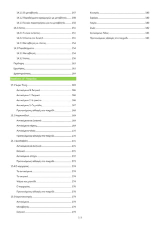 1-3
14.1.1 Οι μεταβλητές .....................................................................147
14.1.2 Παραδείγματα εφαρμογών με μεταβλητές..........148
14.1.3 Γενικές παρατηρήσεις για τις μεταβλητές.............150
14.2 Λίστες................................................................................................151
14.2.1 Τι είναι οι λίστες;.................................................................151
14.2.2 Η λίστα στο Scratch..........................................................151
14.2.3 Μεταβλητές vs. Λίστες.....................................................154
14.3 Παραδείγματα..............................................................................154
14.3.1 Μεταβλητές..........................................................................154
14.3.2 Λίστες......................................................................................156
Περίληψη ..................................................................................................163
Ερωτήσεις.................................................................................................163
Δραστηριότητες....................................................................................164
Κεφάλαιο 15ο
: Παιχνίδια
15.1 Super Pong...........................................................................................169
Αντικείμενα & Σκηνικό.................................................................166
Αντικείμενο 1: Σκηνικό .................................................................166
Αντικείμενο 2: Η ρακέτα..............................................................166
Αντικείμενο 3: Οι μπάλες.............................................................167
Προτεινόμενες αλλαγές στο παιχνίδι ...................................168
15.2 Ναρκοπέδιο!........................................................................................169
Αντικείμενα και Σκηνικό..............................................................169
Αντικείμενα νάρκες........................................................................169
Αντικείμενο πλοίο...........................................................................170
Προτεινόμενες αλλαγές στο παιχνίδι ...................................170
15. 3 Σκοποβολή ..........................................................................................171
Αντικείμενα και Σκηνικό..............................................................171
Σκηνικό ................................................................................................171
Αντικείμενα-στόχοι .......................................................................172
Προτεινόμενες αλλαγές στο παιχνίδι ...................................173
15.4 Ο καρχαρίας........................................................................................174
Τα αντικείμενα..................................................................................174
Το σκηνικό..........................................................................................174
Ψάρια και χταπόδι.........................................................................174
Ο καρχαρίας......................................................................................176
Προτεινόμενες αλλαγές στο παιχνίδι ...................................178
15.5 Καροτοκυνηγός .................................................................................179
Αντικείμενα........................................................................................179
Μεταβλητές.......................................................................................179
Σκηνικό ................................................................................................179
Κυνηγός...............................................................................................180
Σφαίρα..................................................................................................180
Λαγός....................................................................................................180
Ζωές ......................................................................................................182
Αντικείμενο Τέλος...........................................................................183
Προτεινόμενες αλλαγές στο παιχνίδι ...................................183
 