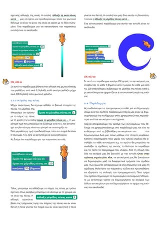 σχετικής αλλαγής της σκιάς. Η εντολή άλλαξε τη σκιά πένας
κατά . μας επιτρέπει να προσδιορίσουμε πόσο πιο φωτεινό
θέλουμε να είναι το ίχνος της σκιάς σε σχέση με το ήδη επιλεγ-
μένο. Ένα παράδειγμα για να κατανοήσετε την παραπάνω
εντολή είναι το ακόλουθο:
[06_π06.sb
Σε αυτό το παράδειγμα βλέπετε την αλλαγή της φωτεινότητας
του γαλάζιου, από σκιά 0, δηλαδή πολύ σκούρο γαλάζιο μέχρι
σκιά 100 δηλαδή πολύ φωτεινό γαλάζιο.
6.3.3 Μέγεθος της πένας
Μέχρι τώρα όμως, δεν έχουμε αλλάξει το βασικό στοιχείο της
πένας, το μέγεθός της.
Μπορούμε να ορίσου-
με το πάχος της πένας
με τη χρήση της εντολής όρισε το μέγεθος πένας σε …
Ας δούμε ένα παράδειγμα για την παραπάνω εντολή
Η μικ-
ρότερη τιμή που μπορούμε να δώσουμε είναι το 1 και αντιστο-
ιχεί στη λεπτότερη πένα που μπορεί να υποστηρίξει το
Όσο μεγαλύτερη τιμή προσδιορίζουμε, τόσο πιο παχιά θα είναι
η πένα μας. Το 1 λέτε να αντιστοιχεί σε εικονοστοιχείο;
Τέλος, μπορούμε να αλλάζουμε το πάχος της πένας με τρόπο
σχετικό, όπως ακριβώς μπορούμε να κάνουμε με το χρώμα και
τη σκιά της πένας. Η
αλλαγή προκύπτει
βάσει της τρέχουσας τιμής του πάχους της πένας και αν είναι
θετική η πένα γίνεται πιο παχιά ενώ αν είναι αρνητική η πένα
γίνεται πιο λεπτή. Η εντολή που μας δίνει αυτήν τη δυνατότη-
τα είναι η
Ένα εντυπωσιακό παράδειγμα για αυτήν την εντολή είναι το
ακόλουθο:
άλλαξε το μέγεθος πένας κατά …
[06_π07.sb
Σε αυτό το παράδειγμα κινούμε100 φορές το αντικείμενό μας
στρίβοντάς το κάθε 5 βήματα κατά 3 μοίρες. Σε κάθε μια από
τις 100 επαναλήψεις αυξάνουμε το μέγεθος της πένας κατά 1
με αποτέλεσμα να σχηματίζεται η εντυπωσιακή ουρά της εικό-
νας
6.4 Παράδειγμα
Ας συνδυάσουμε τις προηγούμενες εντολές για να δημιουργή-
σουμε ένα πιο σύνθετο παράδειγμα. Στόχος μας είναι να δημι-
ουργήσουμε ένα πολύχρωμο σπίτι χρησιμοποιώντας περισσό-
τερα από ένα αντικείμενο ταυτόχρονα.
Αρχικά αποφασίζουμε τον αριθμό των αντικειμένων που θέ-
λουμε να χρησιμοποιήσουμε στο παράδειγμά μας και είτε τα
επιλέγουμε από τη βιβλιοθήκη αντικειμένων του είτε
δημιουργούμε δικά μας, όπως μάθαμε στο τέταρτο κεφάλαιο.
Κατόπιν σκεφτόμαστε ποιο μέρος του τελικού σχεδίου θα α-
ναλάβει το κάθε αντικείμενο π.χ. το πρώτο θα μπορούσε να
αναλάβει τη σχεδίαση της σκεπής, το δεύτερο τα παράθυρα
και το τρίτο το περίγραμμα του κτιρίου. Από τη στιγμή που
όλα τα σενάριά μας θα ξεκινούν με την εντολή Όταν στην
πράσινη σημαία γίνει κλικ, τα αντικείμενά μας θα ξεκινήσουν
να δημιουργούν μαζί τα διαφορετικά τμήματα του σχεδίου
μας. Πως όμως θα καταφέρουμε να ολοκληρώσουν και μαζί τη
σχεδίαση; Μελετήστε τον παρακάτω κώδικα και προσπαθήστε
να εξηγήσετε τις επιλογές του προγραμματιστή. Ποιο τμήμα
του σχεδίου δημιουργεί το συγκεκριμένο αντικείμενο; Μπορεί-
τε με αντίστοιχο τρόπο να δημιουργήσετε τα σενάρια των
άλλων αντικειμένων για να δημιουργήσετε το σχήμα της εικό-
νας που ακολουθεί;
 