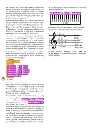 γία του έργου μας; Γιατί έτσι μας παρέχεται μια εξαιρετική
ευελιξία: δημιουργούμε μια σύνθεση με τους «χρόνους» και
στη συνέχεια μπορούμε να αλλάξουμε το ρυθμό της οποιαδή-
ποτε στιγμή επιθυμούμε, μπορούμε να δώσουμε ένα πιο γρή-
γορο ρυθμό αν υπάρχει περισσότερη αγωνία ή ένα πιο αργό
ρυθμό αν ο χρήστης μας χαλαρώνει.
Είναι σημαντικό να τονίσουμε ότι οι εντολές εκτελούνται για
όσο χρονικό διάστημα προσδιορίζεται από τη δεύτερη παρά-
μετρο και μόνο μετά από αυτό το διάστημα εκτελείται οποια-
δήποτε εντολή ακολουθεί. Δοκιμάστε να βάλετε την κινήσο-
υ…βήματα μετά την παίξε τύμπανο…για…χρόνους για να
δείτε ότι το αντικείμενό σας θα κινηθεί μετά το πέρασμα των
χρόνων που έχουν προσδιοριστεί στην πρώτη εντολή.
Πέρα από την εντολή όρισε ρυθμό σε…χτύπους το λεπτό υ-
πάρχει και η εντολή άλλαξε ρυθμό κατά… η οποία αλλάζει
σχετικά το ρυθμό της μουσικής μας. Έτσι αν είχαμε ρυθμό 60
και τον αλλάξουμε κατά 10, ο ρυθμός μας θα γίνει 70 χτύποι το
δευτερόλεπτο. Αρνητική αλλαγή σημαίνει πιο αργή αναπαρα-
γωγή της σύνθεσής μας. Ευτυχώς, υπάρχει επιπλέον η μεταβ-
λητή κατάστασης Ρυθμός η οποία μας επιτρέπει να παρατη-
ρούμε τις τιμές του ρυθμού κατά την εκτέλεση του έργου μας.
Τρέξτε το παρακάτω σενάριο και προσπαθήστε να εξηγήσετε
τη λειτουργία του. Για να βοηθηθείτε επιλέξτε να βλέπετε τη
μεταβλητή κατάστασης Ρυθμός
8_π02.sb
8.2.2 Συνθέτοντας τη μελωδία
Αφού μάθαμε να δίνουμε το ρυθμό με τα κρουστά, ήρθε η ώρα
να ασχοληθούμε με τη μελωδία της μουσικής μας σύνθεσης!
Χρειαζόμαστε δυο λειτουργίες: α) τον προσδιορισμό του ορ-
γάνου που θέλουμε να παίξει το αντικείμενό μας, β) τον προσ-
διορισμό των νοτών της μελωδίας μας.
Δυο αντίστοιχες εντολές μας προσφέρει και το , τις
εντολές όρισε όργα-
νο και παίξε νό-
τα…για…χρόνους. Η εντολή
όρισε όργανο μας επιτρέπει να
επιλέξουμε το όργανο που θα παίξει τη μελωδία μέσα από μια
εκπληκτική ποικιλία οργάνων που ξεκινά από τη βιόλα και την
κιθάρα και φτάνει μέχρι το ξυλόφωνο, το όμποε και το πίκολο!
Η εντολή παίξε νότα…για…χρόνους μας επιτρέπει να επιλέξο-
υμε ποια νότα θα παιχθεί και πόσο θα διαρκέσει η αναπαρα-
γωγή της. Όταν πατήσουμε στο βελάκι της πρώτης παραμέτ-
ρου θα εμφανιστεί ένα πιάνο που θα μας βοηθήσει να επιλέξο-
υμε την επιθυμητή νότα. Καθώς κινούμαστε με το ποντίκι πά-
νω στα πλήκτρα, παρατηρούμε ότι εμφανίζονται τα ονόματα
των αντίστοιχων νοτών
Οι ονομασίες των νοτών στα ελληνικά εμφανίζονται στην ε-
πόμενη εικόνα. Αυτό μπορεί να μας φανεί πολύ χρήσιμο!
Βάζοντας, συνεπώς, διαδοχικές εντολές παίξε νό-
τα…για…χρόνους μπορούμε να αναπαράγουμε οποιαδήποτε
μελωδία θελήσουμε
 