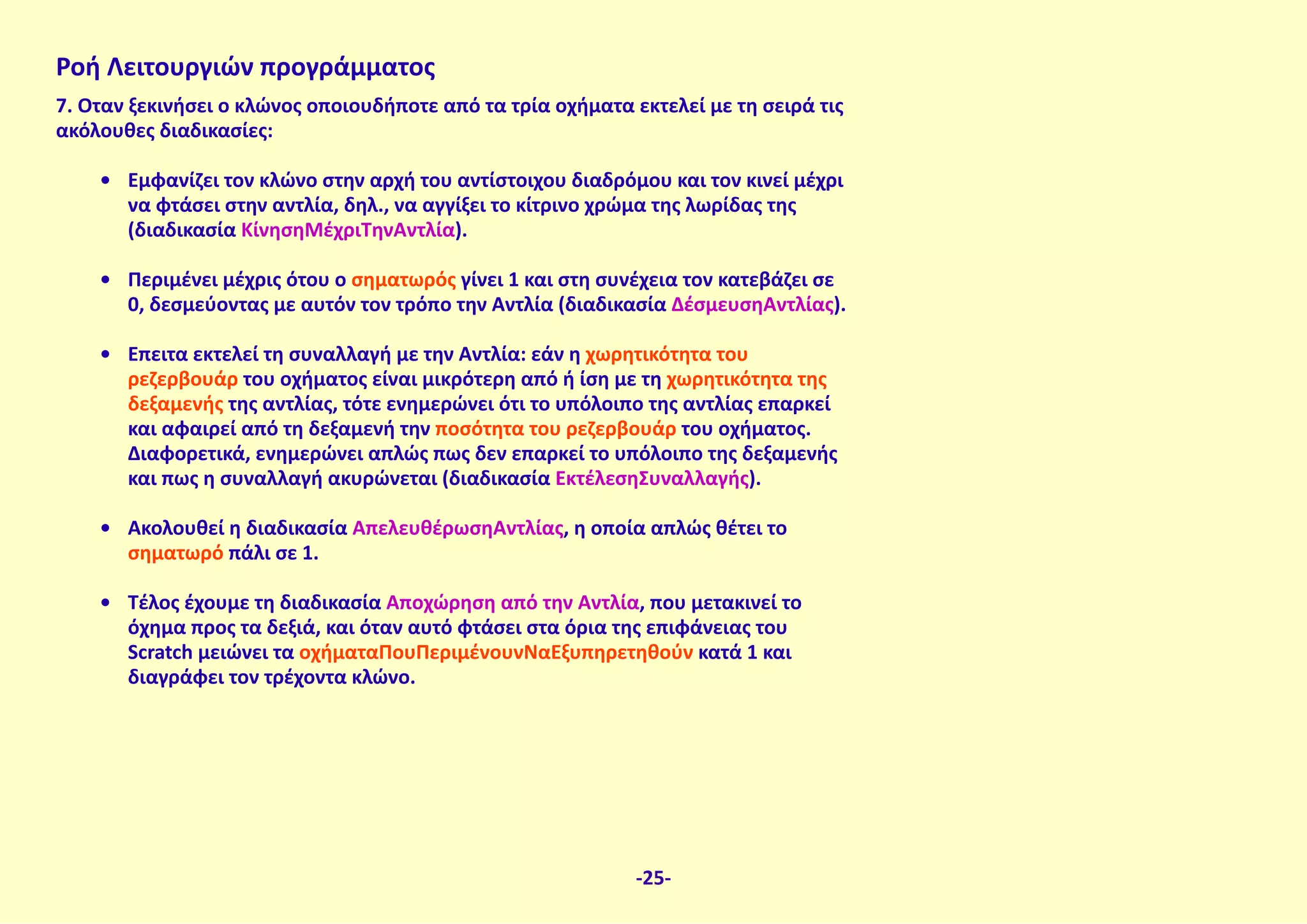 Ροή Λειτουργιών προγράμματος
7. Όταν ξεκινήσει ο κλώνος οποιουδήποτε από τα τρία οχήματα εκτελεί με τη σειρά τις
ακόλουθες διαδικασίες:
•	 Εμφανίζει τον κλώνο στην αρχή του αντίστοιχου διαδρόμου και τον κινεί μέχρι
να φτάσει στην αντλία, δηλ., να αγγίξει το κίτρινο χρώμα της λωρίδας της
(διαδικασία ΚίνησηΜέχριΤηνΑντλία).
•	 Περιμένει μέχρις ότου ο σηματωρός γίνει 1 και στη συνέχεια τον κατεβάζει σε
0, δεσμεύοντας με αυτόν τον τρόπο την Αντλία (διαδικασία ΔέσμευσηΑντλίας).
•	 Έπειτα εκτελεί τη συναλλαγή με την Αντλία: εάν η χωρητικότητα του
ρεζερβουάρ του οχήματος είναι μικρότερη από ή ίση με τη χωρητικότητα της
δεξαμενής της αντλίας, τότε ενημερώνει ότι το υπόλοιπο της αντλίας επαρκεί
και αφαιρεί από τη δεξαμενή την ποσότητα του ρεζερβουάρ του οχήματος.
Διαφορετικά, ενημερώνει απλώς πως δεν επαρκεί το υπόλοιπο της δεξαμενής
και πως η συναλλαγή ακυρώνεται (διαδικασία ΕκτέλεσηΣυναλλαγής).
•	 Ακολουθεί η διαδικασία ΑπελευθέρωσηΑντλίας, η οποία απλώς θέτει το
σηματωρό πάλι σε 1.
•	 Τέλος έχουμε τη διαδικασία Αποχώρηση από την Αντλία, που μετακινεί το
όχημα προς τα δεξιά, και όταν αυτό φτάσει στα όρια της επιφάνειας του
Scratch μειώνει τα οχήματαΠουΠεριμένουνΝαΕξυπηρετηθούν κατά 1 και
διαγράφει τον τρέχοντα κλώνο.
-25-
 