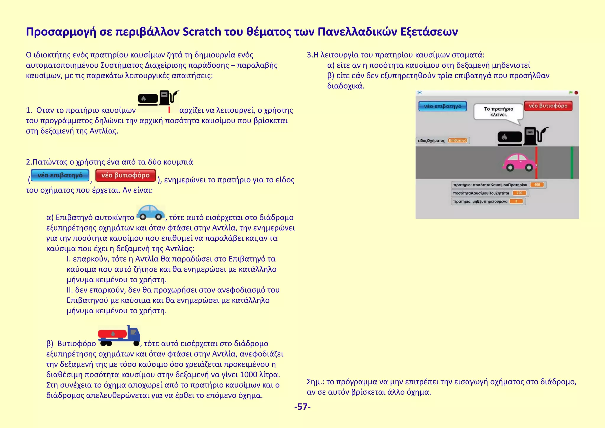 Ο ιδιοκτήτης ενός πρατηρίου καυσίμων ζητά τη δημιουργία ενός
αυτοματοποιημένου Συστήματος Διαχείρισης παράδοσης – παραλαβής
καυσίμων, με τις παρακάτω λειτουργικές απαιτήσεις:
1. Οταν το πρατήριο καυσίμων αρχίζει να λειτουργεί, ο χρήστης
του προγράμματος δηλώνει την αρχική ποσότητα καυσίμου που βρίσκεται
στη δεξαμενή της Αντλίας.
2.Πατώντας ο χρήστης ένα από τα δύο κουμπιά
( , ), ενημερώνει το πρατήριο για το είδος
του οχήματος που έρχεται. Αν είναι:
α) Επιβατηγό αυτοκίνητο , τότε αυτό εισέρχεται στο διάδρομο
εξυπηρέτησης οχημάτων και όταν φτάσει στην Αντλία, την ενημερώνει
για την ποσότητα καυσίμου που επιθυμεί να παραλάβει και,αν τα
καύσιμα που έχει η δεξαμενή της Αντλίας:
I. επαρκούν, τότε η Αντλία θα παραδώσει στο Επιβατηγό τα
καύσιμα που αυτό ζήτησε και θα ενημερώσει με κατάλληλο
μήνυμα κειμένου το χρήστη.
II. δεν επαρκούν, δεν θα προχωρήσει στον ανεφοδιασμό του
Επιβατηγού με καύσιμα και θα ενημερώσει με κατάλληλο
μήνυμα κειμένου το χρήστη.
β) Βυτιοφόρο , τότε αυτό εισέρχεται στο διάδρομο
εξυπηρέτησης οχημάτων και όταν φτάσει στην Αντλία, ανεφοδιάζει
την δεξαμενή της με τόσο καύσιμο όσο χρειάζεται προκειμένου η
διαθέσιμη ποσότητα καυσίμου στην δεξαμενή να γίνει 1000 λίτρα.
Στη συνέχεια το όχημα αποχωρεί από το πρατήριο καυσίμων και ο
διάδρομος απελευθερώνεται για να έρθει το επόμενο όχημα.
3.Η λειτουργία του πρατηρίου καυσίμων σταματά:
α) είτε αν η ποσότητα καυσίμου στη δεξαμενή μηδενιστεί
β) είτε εάν δεν εξυπηρετηθούν τρία επιβατηγά που προσήλθαν
διαδοχικά.
Σημ.: το πρόγραμμα να μην επιτρέπει την εισαγωγή οχήματος στο διάδρομο,
αν σε αυτόν βρίσκεται άλλο όχημα.
Προσαρμογή σε περιβάλλον Scratch του θέματος των Πανελλαδικών Εξετάσεων
-57-
 