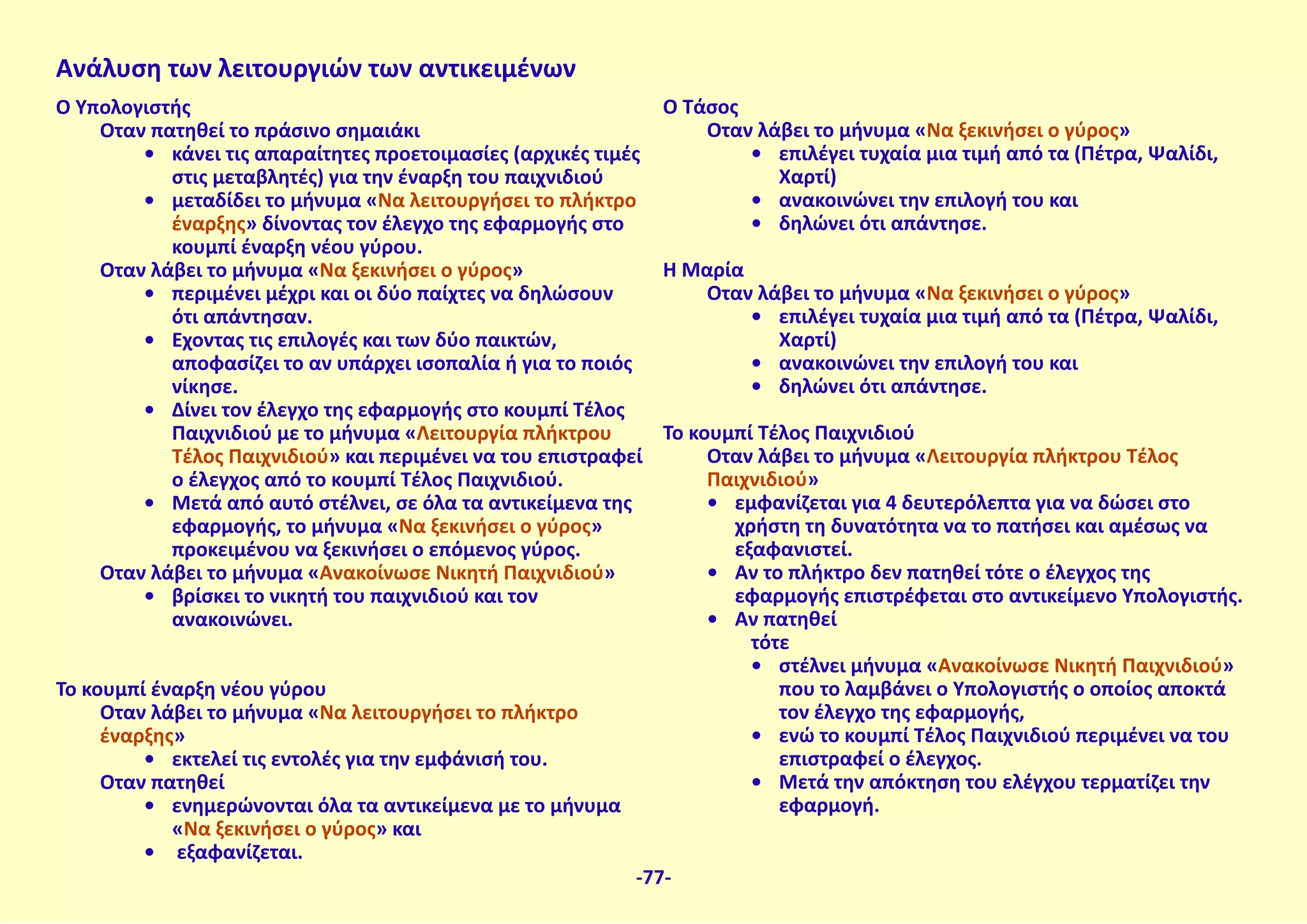 Ανάλυση των λειτουργιών των αντικειμένων
Ο Υπολογιστής
Όταν πατηθεί το πράσινο σημαιάκι
•	 κάνει τις απαραίτητες προετοιμασίες (αρχικές τιμές
στις μεταβλητές) για την έναρξη του παιχνιδιού
•	 μεταδίδει το μήνυμα «Να λειτουργήσει το πλήκτρο
έναρξης» δίνοντας τον έλεγχο της εφαρμογής στο
κουμπί έναρξη νέου γύρου.
Όταν λάβει το μήνυμα «Να ξεκινήσει ο γύρος»
•	 περιμένει μέχρι και οι δύο παίχτες να δηλώσουν
ότι απάντησαν.
•	 Εχοντας τις επιλογές και των δύο παικτών,
αποφασίζει το αν υπάρχει ισοπαλία ή για το ποιός
νίκησε.
•	 Δίνει τον έλεγχο της εφαρμογής στο κουμπί Τέλος
Παιχνιδιού με το μήνυμα «Λειτουργία πλήκτρου
Τέλος Παιχνιδιού» και περιμένει να του επιστραφεί
ο έλεγχος από το κουμπί Τέλος Παιχνιδιού.
•	 Μετά από αυτό στέλνει, σε όλα τα αντικείμενα της
εφαρμογής, το μήνυμα «Να ξεκινήσει ο γύρος»
προκειμένου να ξεκινήσει ο επόμενος γύρος.
Όταν λάβει το μήνυμα «Ανακοίνωσε Νικητή Παιχνιδιού»
•	 βρίσκει το νικητή του παιχνιδιού και τον
ανακοινώνει.
Το κουμπί έναρξη νέου γύρου
Όταν λάβει το μήνυμα «Να λειτουργήσει το πλήκτρο
έναρξης»
•	 εκτελεί τις εντολές για την εμφάνισή του.
Όταν πατηθεί
•	 ενημερώνονται όλα τα αντικείμενα με το μήνυμα
«Να ξεκινήσει ο γύρος» και
•	 εξαφανίζεται.
O Τάσος
Όταν λάβει το μήνυμα «Να ξεκινήσει ο γύρος»
•	 επιλέγει τυχαία μια τιμή από τα (Πέτρα, Ψαλίδι,
Χαρτί)
•	 ανακοινώνει την επιλογή του και
•	 δηλώνει ότι απάντησε.
H Μαρία
Όταν λάβει το μήνυμα «Να ξεκινήσει ο γύρος»
•	 επιλέγει τυχαία μια τιμή από τα (Πέτρα, Ψαλίδι,
Χαρτί)
•	 ανακοινώνει την επιλογή του και
•	 δηλώνει ότι απάντησε.
Το κουμπί Τέλος Παιχνιδιού
Όταν λάβει το μήνυμα «Λειτουργία πλήκτρου Τέλος
Παιχνιδιού»
•	 εμφανίζεται για 4 δευτερόλεπτα για να δώσει στο
χρήστη τη δυνατότητα να το πατήσει και αμέσως να
εξαφανιστεί.
•	 Αν το πλήκτρο δεν πατηθεί τότε ο έλεγχος της
εφαρμογής επιστρέφεται στο αντικείμενο Υπολογιστής.
•	 Αν πατηθεί
τότε
•	 στέλνει μήνυμα «Ανακοίνωσε Νικητή Παιχνιδιού»
που το λαμβάνει ο Υπολογιστής ο οποίος αποκτά
τον έλεγχο της εφαρμογής,
•	 ενώ το κουμπί Τέλος Παιχνιδιού περιμένει να του
επιστραφεί ο έλεγχος.
•	 Μετά την απόκτηση του ελέγχου τερματίζει την
εφαρμογή.
-77-
 