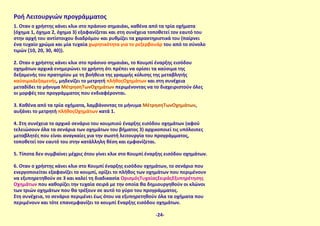 Ροή Λειτουργιών προγράμματος
1. Όταν ο χρήστης κάνει κλικ στο πράσινο σημαιάκι, καθένα από τα τρία οχήματα
(όχημα 1, όχημα 2, όχημα 3) εξαφανίζεται και στη συνέχεια τοποθετεί τον εαυτό του
στην αρχή του αντίστοιχου διαδρόμου και ρυθμίζει τα χαρακτηριστικά του (παίρνει
ένα τυχαίο χρώμα και μία τυχαία χωρητικότητα για το ρεζερβουάρ του από το σύνολο
τιμών {10, 20, 30, 40}).
2. Όταν ο χρήστης κάνει κλικ στο πράσινο σημαιάκι, το Κουμπί έναρξης εισόδου
οχημάτων αρχικά ενημερώνει το χρήστη ότι πρέπει να ορίσει τα καύσιμα της
δεξαμενής του πρατηρίου με τη βοήθεια της γραμμής κύλισης της μεταβλητής
καύσιμαΔεξαμενής, μηδενίζει το μετρητή πλήθοςΟχημάτων και στη συνέχεια
μεταδίδει το μήνυμα ΜέτρησηΤωνΟχημάτων περιμένοντας να το διαχειριστούν όλες
οι μορφές του προγράμματος που ενδιαφέρονται.
3. Καθένα από τα τρία οχήματα, λαμβάνοντας το μήνυμα ΜέτρησηΤωνΟχημάτων,
αυξάνει το μετρητή πλήθοςΟχημάτων κατά 1.
4. Στη συνέχεια το αρχικό σενάριο του κουμπιού έναρξης εισόδου οχημάτων (αφού
τελειώσουν όλα τα σενάρια των οχημάτων του βήματος 3) αρχικοποιεί τις υπόλοιπες
μεταβλητές που είναι αναγκαίες για την σωστή λειτουργία του προγράμματος,
τοποθετεί τον εαυτό του στην κατάλληλη θέση και εμφανίζεται.
5. Τίποτα δεν συμβαίνει μέχρις ότου γίνει κλικ στο Κουμπί έναρξης εισόδου οχημάτων.
6. Όταν ο χρήστης κάνει κλικ στο Κουμπί έναρξης εισόδου οχημάτων, το σενάριο που
ενεργοποιείται εξαφανίζει το κουμπί, ορίζει το πλήθος των οχημάτων που περιμένουν
να εξυπηρετηθούν σε 3 και καλεί τη διαδικασία ΟρισμόςΤυχαίαςΣειράςΕξυπηρέτησης
Οχημάτων που καθορίζει την τυχαία σειρά με την οποία θα δημιουργηθούν οι κλώνοι
των τριών οχημάτων που θα τρέξουν σε αυτό το γύρο του προγράμματος.
Στη συνέχεια, το σενάριο περιμένει έως ότου να εξυπηρετηθούν όλα τα οχήματα που
περιμένουν και τότε επανεμφανίζει το κουμπί Έναρξης εισόδου οχημάτων.
-24-
 