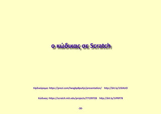 ο κώδικας σε Scratch
Κώδικας: https://scratch.mit.edu/projects/77199728 http://bit.ly/1iPRP78
-30-
Κψδικόραμα: https://prezi.com/lwxgbp8puhjs/presentation/ http://bit.ly/1iSlAUO
 