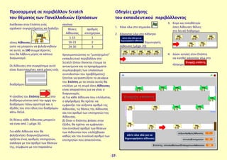 Ανέθεσαν στον Επόπτη ενός
σχολικού συγκροτήματος να διαλέξει
τόσες Αίθουσες
ώστε να μπορούν να φιλοξενηθούν
σε αυτές οι 100 συμμετέχοντες
που θα λάβουν μέρος σε κάποιο
διαγωνισμό.
Οι Αίθουσες στο συγκρότημα αυτό
είναι διατεταγμένες κατά μήκος ενός
διαδρόμου .
Η είσοδος του Επόπτη στο
διάδρομο γίνεται από την αρχή του
διαδρόμου πάνω αριστερά και η
έξοδός του στο τέλος του διαδρόμου
κάτω δεξιά.
Οι θέσεις κάθε Αίθουσας μπορούν
να είναι από 1 μέχρι 30.
Για κάθε Αίθουσα που θα
φιλοξενήσει διαγωνιζόμενους
ορίζεται ένας αριθμός επιτηρητών,
ανάλογα με τον αριθμό των θέσεών
της, σύμφωνα με τον παρακάτω
κανόνα:
θέσεις
Αίθουσας
αριθμός
επιτηρητών
1-15 1
16-23 2
24-30 3
Χρησιμοποιώντας το “μισοψημένο”
εκπαιδευτικό περιβάλλον στο
Scratch (όπου δίνονται έτοιμα τα
αντικείμενα και τα προγράμματα-
συμπεριφορές των υπολοίπων
συντελεστών του προβλήματος)
ζητείται να αναπτύξετε τα σενάρια
του Επόπτη με τα οποία αυτός θα
επιλέγει με τη σειρά όσες Αίθουσες
είναι απαραίτητες για να γίνει ο
διαγωνισμός
α) Για κάθε Αίθουσα που επιλέγεται,
ο αλγόριθμος θα πρέπει να
εμφανίζει τον αύξοντα αριθμό της
Αίθουσας, τις θέσεις της Αίθουσας
και τον αριθμό των επιτηρητών της
Αίθουσας.
β) Οταν ο Επόπτης φτάσει στην
έξοδο, θα πρέπει να εμφανίσει
τον συνολικό αριθμό των θέσεων
των Αιθουσών που επιλέχθηκαν
καθώς και τον συνολικό αριθμό των
επιτηρητών που απαιτούνται.
1. Κάνε κλικ στο σημαιάκι
2. Κάνοντας κλικ στο πλήκτρο
δημιουργείς
Αίθουσες (μέχρι 20)
3. Σύρε και τοποθέτησε
όσες Αίθουσες θέλεις
στο λευκό διάδρομο
4. Δώσε εντολή στον Επόπτη
να κινηθεί κάνοντας κλικ στο
πλήκτρο
Προσαρμογή σε περιβάλλον Scratch
του θέματος των Πανελλαδικών Εξετάσεων
Οδηγίες χρήσης
του εκπαιδευτικού περιβάλλοντος
-37-
 