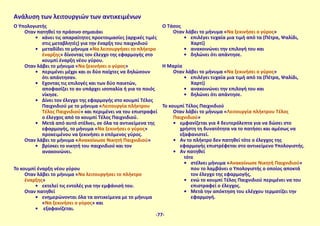 Ανάλυση των λειτουργιών των αντικειμένων
Ο Υπολογιστής
Όταν πατηθεί το πράσινο σημαιάκι
•	 κάνει τις απαραίτητες προετοιμασίες (αρχικές τιμές
στις μεταβλητές) για την έναρξη του παιχνιδιού
•	 μεταδίδει το μήνυμα «Να λειτουργήσει το πλήκτρο
έναρξης» δίνοντας τον έλεγχο της εφαρμογής στο
κουμπί έναρξη νέου γύρου.
Όταν λάβει το μήνυμα «Να ξεκινήσει ο γύρος»
•	 περιμένει μέχρι και οι δύο παίχτες να δηλώσουν
ότι απάντησαν.
•	 Εχοντας τις επιλογές και των δύο παικτών,
αποφασίζει το αν υπάρχει ισοπαλία ή για το ποιός
νίκησε.
•	 Δίνει τον έλεγχο της εφαρμογής στο κουμπί Τέλος
Παιχνιδιού με το μήνυμα «Λειτουργία πλήκτρου
Τέλος Παιχνιδιού» και περιμένει να του επιστραφεί
ο έλεγχος από το κουμπί Τέλος Παιχνιδιού.
•	 Μετά από αυτό στέλνει, σε όλα τα αντικείμενα της
εφαρμογής, το μήνυμα «Να ξεκινήσει ο γύρος»
προκειμένου να ξεκινήσει ο επόμενος γύρος.
Όταν λάβει το μήνυμα «Ανακοίνωσε Νικητή Παιχνιδιού»
•	 βρίσκει το νικητή του παιχνιδιού και τον
ανακοινώνει.
Το κουμπί έναρξη νέου γύρου
Όταν λάβει το μήνυμα «Να λειτουργήσει το πλήκτρο
έναρξης»
•	 εκτελεί τις εντολές για την εμφάνισή του.
Όταν πατηθεί
•	 ενημερώνονται όλα τα αντικείμενα με το μήνυμα
«Να ξεκινήσει ο γύρος» και
•	 εξαφανίζεται.
O Τάσος
Όταν λάβει το μήνυμα «Να ξεκινήσει ο γύρος»
•	 επιλέγει τυχαία μια τιμή από τα (Πέτρα, Ψαλίδι,
Χαρτί)
•	 ανακοινώνει την επιλογή του και
•	 δηλώνει ότι απάντησε.
H Μαρία
Όταν λάβει το μήνυμα «Να ξεκινήσει ο γύρος»
•	 επιλέγει τυχαία μια τιμή από τα (Πέτρα, Ψαλίδι,
Χαρτί)
•	 ανακοινώνει την επιλογή του και
•	 δηλώνει ότι απάντησε.
Το κουμπί Τέλος Παιχνιδιού
Όταν λάβει το μήνυμα «Λειτουργία πλήκτρου Τέλος
Παιχνιδιού»
•	 εμφανίζεται για 4 δευτερόλεπτα για να δώσει στο
χρήστη τη δυνατότητα να το πατήσει και αμέσως να
εξαφανιστεί.
•	 Αν το πλήκτρο δεν πατηθεί τότε ο έλεγχος της
εφαρμογής επιστρέφεται στο αντικείμενο Υπολογιστής.
•	 Αν πατηθεί
τότε
•	 στέλνει μήνυμα «Ανακοίνωσε Νικητή Παιχνιδιού»
που το λαμβάνει ο Υπολογιστής ο οποίος αποκτά
τον έλεγχο της εφαρμογής,
•	 ενώ το κουμπί Τέλος Παιχνιδιού περιμένει να του
επιστραφεί ο έλεγχος.
•	 Μετά την απόκτηση του ελέγχου τερματίζει την
εφαρμογή.
-77-
 