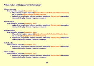 Κόκκινο κοντέινερ
Όταν ληφθεί το μήνυμα «Ετοιμαστείτε όλοι»:
•	 Μηδενίζει την τιμή του αθροιστή βάροςΠουΑπομένειΓιαΝαΓεμίσειΤοΚόκκινοΚοντέινερ
και το μετρητή αριθμόςΠακέτωνΤουΜπλεΚοντέινερ
•	 Εμφανίζεται και μέσω της αύξησης κατά 1 της μεταβλητής έλεγχοςΈναρξης ενημερώνει
το κουμπί «Έναρξη» ότι είναι έτοιμο για την έναρξη.
Κόκκινη θυρίδα
Όταν ληφθεί το μήνυμα «Ετοιμαστείτε όλοι»
•	 εμφανίζεται και μέσω της αύξησης κατά 1 της μεταβλητής έλεγχοςΈναρξης ενημερώνει
το κουμπί «Έναρξη» ότι είναι έτοιμο για την έναρξη.
Μπλε Κοντέινερ
Όταν ληφθεί το μήνυμα «Ετοιμαστείτε όλοι»:
•	 Μηδενίζει την τιμή του αθροιστή βάροςΠουΑπομένειΓιαΝαΓεμίσειΤοΜπλεΚοντέινερ
και το μετρητή αριθμόςΠακέτωνΤουΜπλεΚοντέινερ.
•	 Εμφανίζεται και μέσω της αύξησης κατά 1 της μεταβλητής έλεγχοςΈναρξης ενημερώνει
το κουμπί «Έναρξη» ότι είναι έτοιμο για την έναρξη.
Μπλε θυρίδα
Όταν ληφθεί το μήνυμα «Ετοιμαστείτε όλοι»
•	 εμφανίζεται και μέσω της αύξησης κατά 1 της μεταβλητής έλεγχοςΈναρξης ενημερώνει
το κουμπί «Έναρξη» ότι είναι έτοιμο για την έναρξη.
Πόρτα αποθήκης
Όταν ληφθεί το μήνυμα «Ετοιμαστείτε όλοι»
•	 εμφανίζεται και μέσω της αύξησης κατά 1 της μεταβλητής έλεγχοςΈναρξης ενημερώνει
το κουμπί «Έναρξη» ότι είναι έτοιμο για την έναρξη.
Ανάλυση των λειτουργιών των αντικειμένων
-94-
 