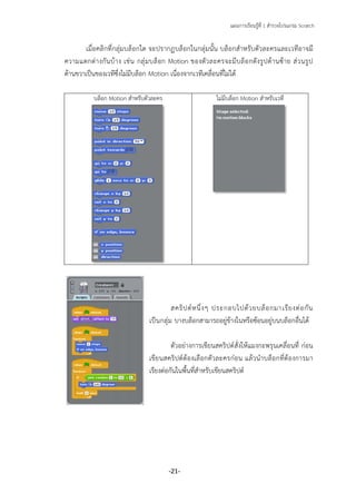 แผนการเรียนรู้ที่ 1 สารวจโปรแกรม Scratch
-21-
เมื่อคลิกที่กลุ่มบล็อกใด จะปรากฏบล็อกในกลุ่มนั้น บล็อกสาหรับตัวละครและเวทีอาจมี
ความแตกต่างกันบ้าง เช่น กลุ่มบล็อก Motion ของตัวละครจะมีบล็อกดังรูปด้านซ้าย ส่วนรูป
ด้านขวาเป็นของเวทีซึ่งไม่มีบล็อก Motion เนื่องจากเวทีเคลื่อนที่ไม่ได้
บล็อก Motion สาหรับตัวละคร ไม่มีบล็อก Motion สาหรับเวที
สคริปต์หนึ่งๆ ประกอบไปด้วยบล็อกมาเรียงต่อกัน
เป็นกลุ่ม บางบล็อกสามารถอยู่ข้างในหรือซ้อนอยู่บนบล็อกอื่นได้
ตัวอย่างการเขียนสคริปต์สั่งให้แมงกะพรุนเคลื่อนที่ ก่อน
เขียนสคริปต์ต้องเลือกตัวละครก่อน แล้วนาบล็อกที่ต้องการมา
เรียงต่อกันในพื้นที่สาหรับเขียนสคริปต์
 