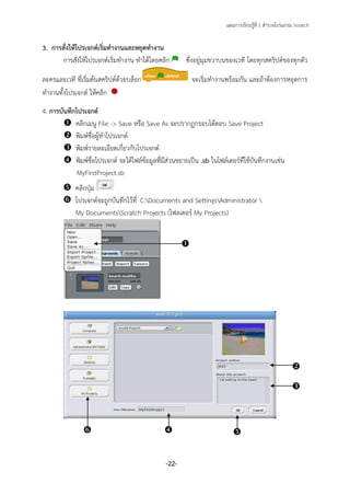 แผนการเรียนรู้ที่ 1 สารวจโปรแกรม Scratch
-22-
3. การสั่งให้โปรเจกต์เริ่มทางานและหยุดทางาน
การสั่งให้โปรเจกต์เริ่มทางาน ทาได้โดยคลิก ซึ่งอยู่มุมขวาบนของเวที โดยทุกสคริปต์ของทุกตัว
ละครและเวที ที่เริ่มต้นสคริปต์ด้วยบล็อก จะเริ่มทางานพร้อมกัน และถ้าต้องการหยุดการ
ทางานทั้งโปรเจกต์ ให้คลิก
4. การบันทึกโปรเจกต์
 คลิกเมนู File -> Save หรือ Save As จะปรากฏกรอบโต้ตอบ Save Project
 พิมพ์ชื่อผู้ทาโปรเจกต์
 พิมพ์รายละเอียดเกี่ยวกับโปรเจกต์
 พิมพ์ชื่อโปรเจกต์ จะได้ไฟล์ข้อมูลที่มีส่วนขยายเป็น .sb ในโฟล์เดอร์ที่ใช้บันทึกงานเช่น
MyFirstProject.sb
 คลิกปุ่ม
 โปรเจกต์จะถูกบันทึกไว้ที่ C:Documents and SettingsAdministrator 
My DocumentsScratch Projects (โฟลเดอร์ My Projects)



 
 