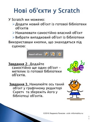 У Scratch ми можемо:
Додати новий об'єкт із готової бібліотеки
об'єктів
Намалювати самостійно власний об'єкт
Вибрати випадковий об'єкт із бібліотеки
Використавши кнопки, що знаходяться під
сценою:
©2016 Людмила Пачесюк urok-informatiku.ru
1
1
Завдання 2. Додайте
самостійно ще один об'єкт –
метелик із готової бібліотеки
об'єктів.
Завдання 3. Намалюйте ось такий
об'єкт у графічному редакторі
Скретч та збережіть його у
бібліотеці об'єктів.
 
