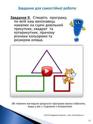 ©2016 Людмила Пачесюк urok-informatiku.ru
19
Завдання 9. Створіть програму,
по якій наш виконавець
намалює на сцені довільний
трикутник, квадрат та
чотирикутник, причому
різними кольорами та
розміром олівця.
Завдання для самостійної роботи:
(Як повинен виглядати результат програми можна побачити,
якщо у вас є з'єднання з Інтернетом)
 