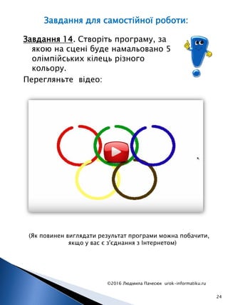Завдання 14. Створіть програму, за
якою на сцені буде намальовано 5
олімпійських кілець різного
кольору.
Перегляньте відео:
©2016 Людмила Пачесюк urok-informatiku.ru
24
Завдання для самостійної роботи:
(Як повинен виглядати результат програми можна побачити,
якщо у вас є з'єднання з Інтернетом)
 
