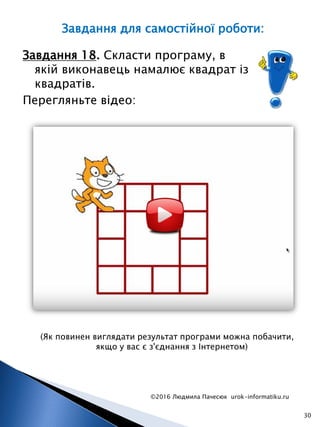 ©2016 Людмила Пачесюк urok-informatiku.ru
30
Завдання 18. Скласти програму, в
якій виконавець намалює квадрат із
квадратів.
Перегляньте відео:
(Як повинен виглядати результат програми можна побачити,
якщо у вас є з'єднання з Інтернетом)
Завдання для самостійної роботи:
 
