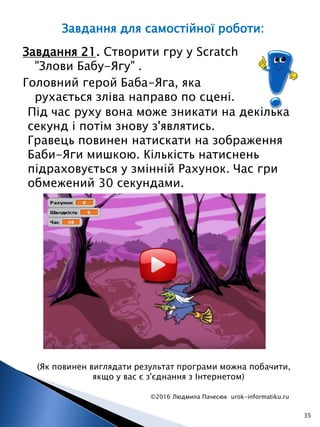 ©2016 Людмила Пачесюк urok-informatiku.ru
35
Завдання 21. Створити гру у Scratch
"Злови Бабу-Ягу" .
Головний герой Баба-Яга, яка
рухається зліва направо по сцені.
(Як повинен виглядати результат програми можна побачити,
якщо у вас є з'єднання з Інтернетом)
Завдання для самостійної роботи:
Під час руху вона може зникати на декілька
секунд і потім знову з'являтись.
Гравець повинен натискати на зображення
Баби-Яги мишкою. Кількість натиснень
підраховується у змінній Рахунок. Час гри
обмежений 30 секундами.
 