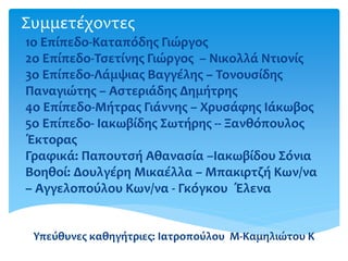 Συμμετέχοντες
Υπεύθυνες καθηγήτριες: Ιατροπούλου Μ-Καμηλιώτου Κ
1ο Επίπεδο-Καταπόδης Γιώργος
2ο Επίπεδο-Τσετίνης Γιώργος – Νικολλά Ντιονίς
3ο Επίπεδο-Λάμψιας Βαγγέλης – Τονουσίδης
Παναγιώτης – Αστεριάδης Δημήτρης
4ο Επίπεδο-Μήτρας Γιάννης – Χρυσάφης Ιάκωβος
5ο Επίπεδο- Ιακωβίδης Σωτήρης -- Ξανθόπουλος
Έκτορας
Γραφικά: Παπουτσή Αθανασία –Ιακωβίδου Σόνια
Βοηθοί: Δουλγέρη Μικαέλλα – Μπακιρτζή Κων/να
– Αγγελοπούλου Κων/να - Γκόγκου ΄Ελενα
 